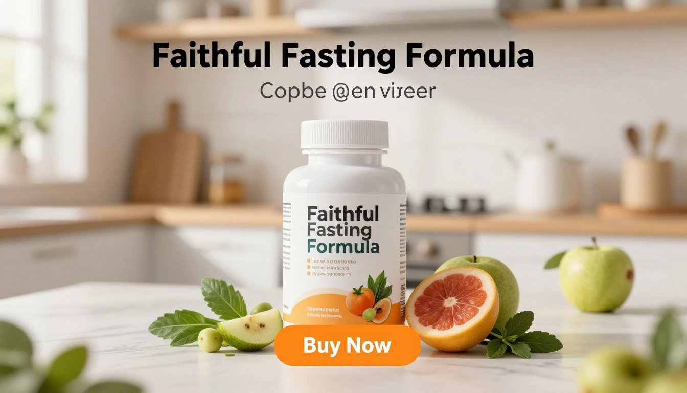 A striking and bold digital product display featuring the "Faithful Fasting Formula" supplement. In the foreground, the product bottle is centered, showcasing a sleek, modern design with an attractive label highlighting natural ingredients and appetite control benefits. Surrounding the bottle are scattered fresh fruits and herbs, symbolizing natural energy and vitality. The middle ground is filled with a soft, blurred kitchen background, subtly illuminated by warm, inviting lighting, creating a cozy and healthy atmosphere. The background features a soft-focus image of a bright, sunlit kitchen, suggesting freshness and well-being. Include a prominent "Buy Now" button designed in an eye-catching style, urging action. The overall mood exudes trust, energy, and positivity, perfect for potential customers looking for honest reviews.
