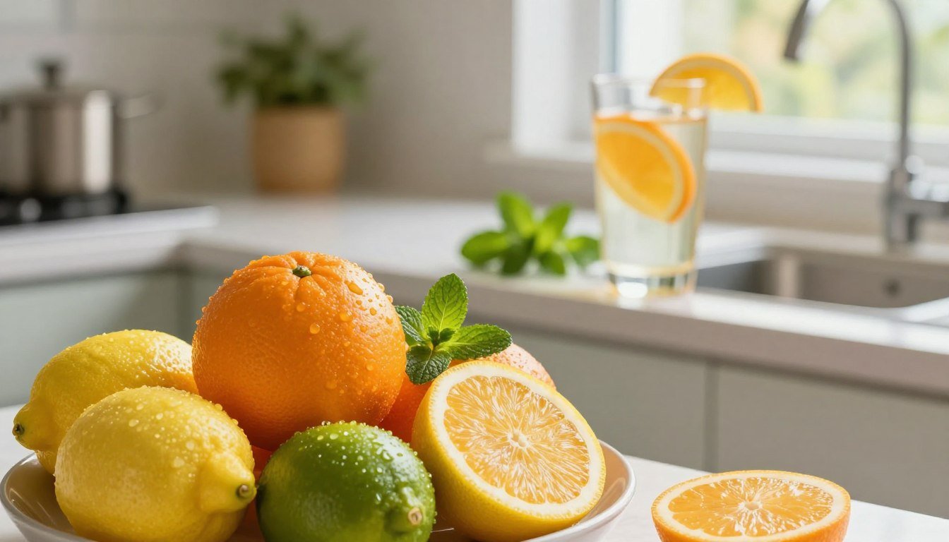A vibrant and engaging depiction of a healthy, citrus-themed environment highlighting "Citrus Burn Weight Loss." In the foreground, display fresh, juicy citrus fruits like lemons, limes, and oranges, arranged artfully in a bowl, glistening with dew. In the middle ground, feature a sleek, modern kitchen counter with a glass of refreshing citrus-infused water, accompanied by vibrant green herbs like mint. The background should softly blend with blurred foliage to convey freshness and vitality, illuminated by warm, natural light streaming through a window. Capture a motivational mood, emphasizing wellness and energy, inviting viewers to embark on a health journey. Ensure no text overlays or distractions; focus solely on the appealing imagery and atmosphere of natural health and vitality.