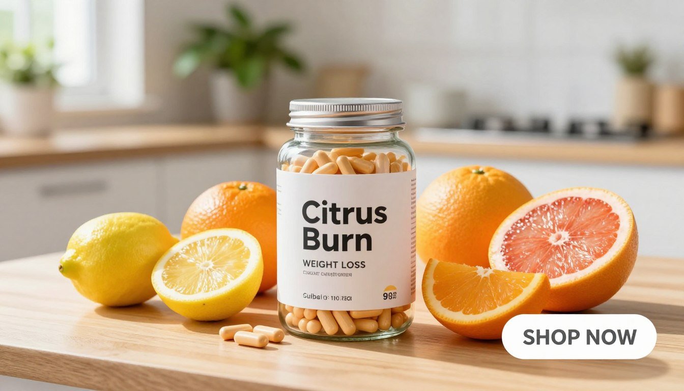 A vibrant and eye-catching scene depicting a selection of fresh citrus fruits—lemons, oranges, and grapefruits—artistically arranged on a bright wooden table. In the foreground, a large glass jar filled with Citrus Burn Weight Loss supplements sits prominently, showcasing its sleek, modern design. The middle ground features slices of the citrus fruits scattered around, with their juices glistening under soft, natural sunlight pouring in from a nearby window. The background softly blurs to reveal a cozy, health-focused kitchen setting with green plants and bright decor, reflecting a healthy lifestyle. The atmosphere is upbeat and refreshing, suggesting vitality and energy. Add a clear, visible “SHOP NOW” button overlay in the lower right corner, seamlessly integrated into the scene without detracting from the overall composition.