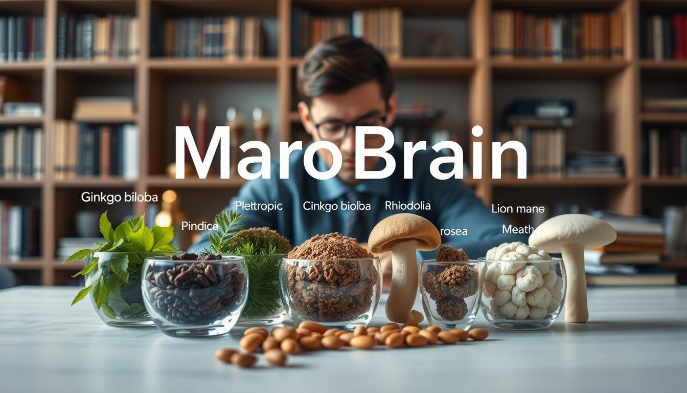 A visually appealing and informative layout depicting the "MaroBrain Brain Supplements" ingredient list. In the foreground, showcase natural nootropic ingredients like ginkgo biloba, rhodiola rosea, and lion's mane mushroom, artistically arranged in elegant glass containers. The middle ground features a professional individual in smart casual attire examining the ingredients, with an expression of curiosity and engagement. In the background, a soft-focused workspace, with shelves of books on nutrition and brain health, conveys a scholarly atmosphere. Use warm, inviting lighting to create a calming yet stimulating ambiance, focusing on a slightly elevated angle to emphasize the ingredients. The overall mood should reflect clarity, professionalism, and an emphasis on cognitive enhancement.