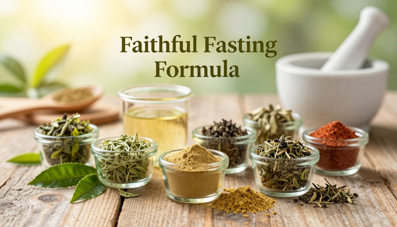 A visually striking image showcasing the ingredients of "Faithful Fasting Formula". In the foreground, arrange vibrant natural ingredients like green tea leaves, apple cider vinegar, and herbal extracts on a rustic wooden table. Include small glass containers filled with colorful powders representing various nutrients, all artistically placed to catch the eye. In the middle, softly lit mood-enhancing diffused sunlight highlights the freshness of the ingredients, creating a warm and inviting atmosphere. In the background, out-of-focus kitchen tools, such as a mortar and pestle, suggest a natural preparation space. Ensure the branding "Faithful Fasting Formula" is elegantly displayed in an organic font. The overall composition should evoke a sense of health, vitality, and natural wellness without any text distractions or watermarks.