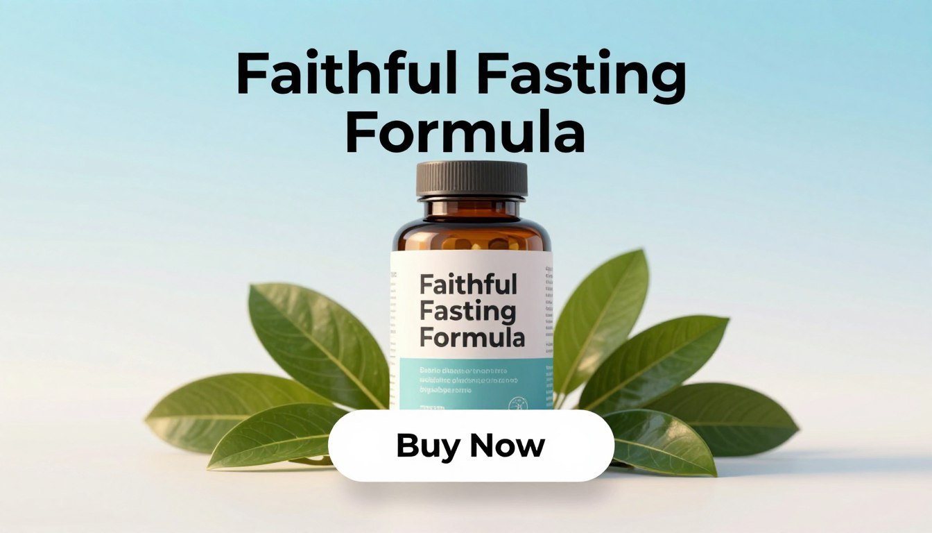 A visually striking product display of "Faithful Fasting Formula," set against a soft gradient background that transitions from light blue at the top to white at the bottom. In the foreground, feature the supplement bottle prominently displayed, featuring a sleek, modern design with the brand name "Faithful Fasting Formula" clearly visible. The bottle should have a glossy finish, with reflections that suggest a high-quality product. Include a large, bold "Buy Now" button beneath the bottle to encourage instant action. In the middle, add fresh, natural elements like green leaves or a subtle fruit silhouette, suggesting natural ingredients and vitality. The lighting should be warm and inviting, focused on the product to create a sense of trust and reliability, evoking a mood of motivation and wellness.