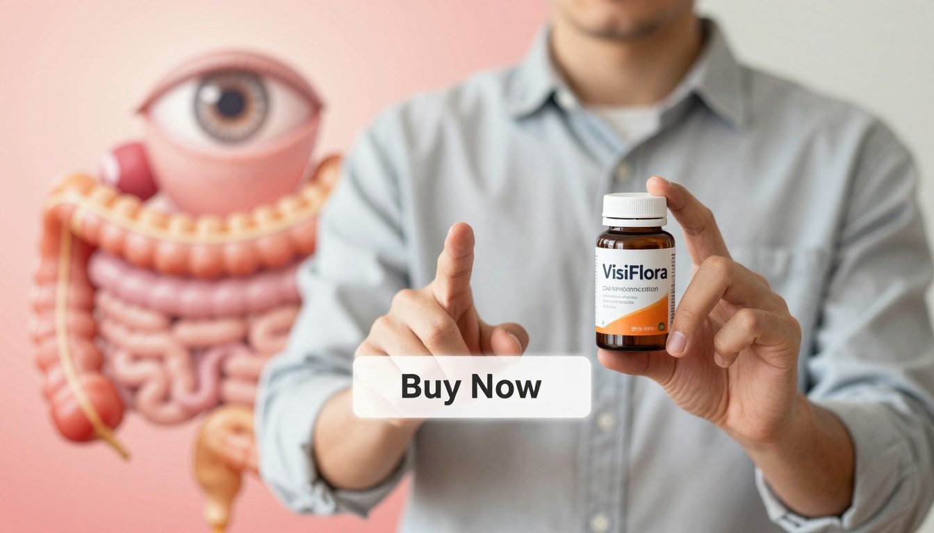A vivid representation of the "gut-eye connection," featuring a professional person in modest casual attire gently holding a bottle labeled "VisiFlora" in one hand while pointing to a well-designed "Buy Now" button in the foreground. The background is softly blurred, showcasing an abstract blend of colorful gut and eye imagery, symbolizing the link between gut health and vision improvement. The lighting is warm and inviting, creating a hopeful and optimistic atmosphere. Use a shallow depth of field to draw attention to the product and the subject's expression of curiosity and engagement. The overall composition conveys a sense of professionalism, trust, and clarity in the connection between gut health and eyesight.