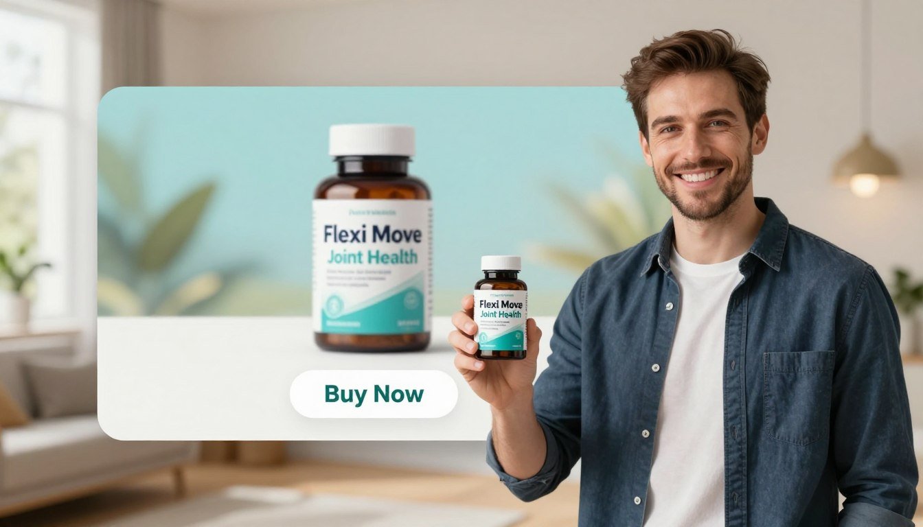 A well-lit, professional product display featuring a confident man in a smart casual outfit holding a bottle of "Flexi Move Joint Health" in the foreground. He stands slightly to the right, smiling and presenting the product to the viewer, showcasing its modern packaging with clear branding. In the middle of the scene, a vibrant, blurred background of a serene home environment, with soft lighting filtering through a window, creating a warm atmosphere. A "Buy Now" button appears subtly below the product, designed to attract attention without overwhelming the scene. The overall mood conveys trust and effectiveness, highlighting the innovative nature of the joint health formula, while evoking a sense of reliability and health.