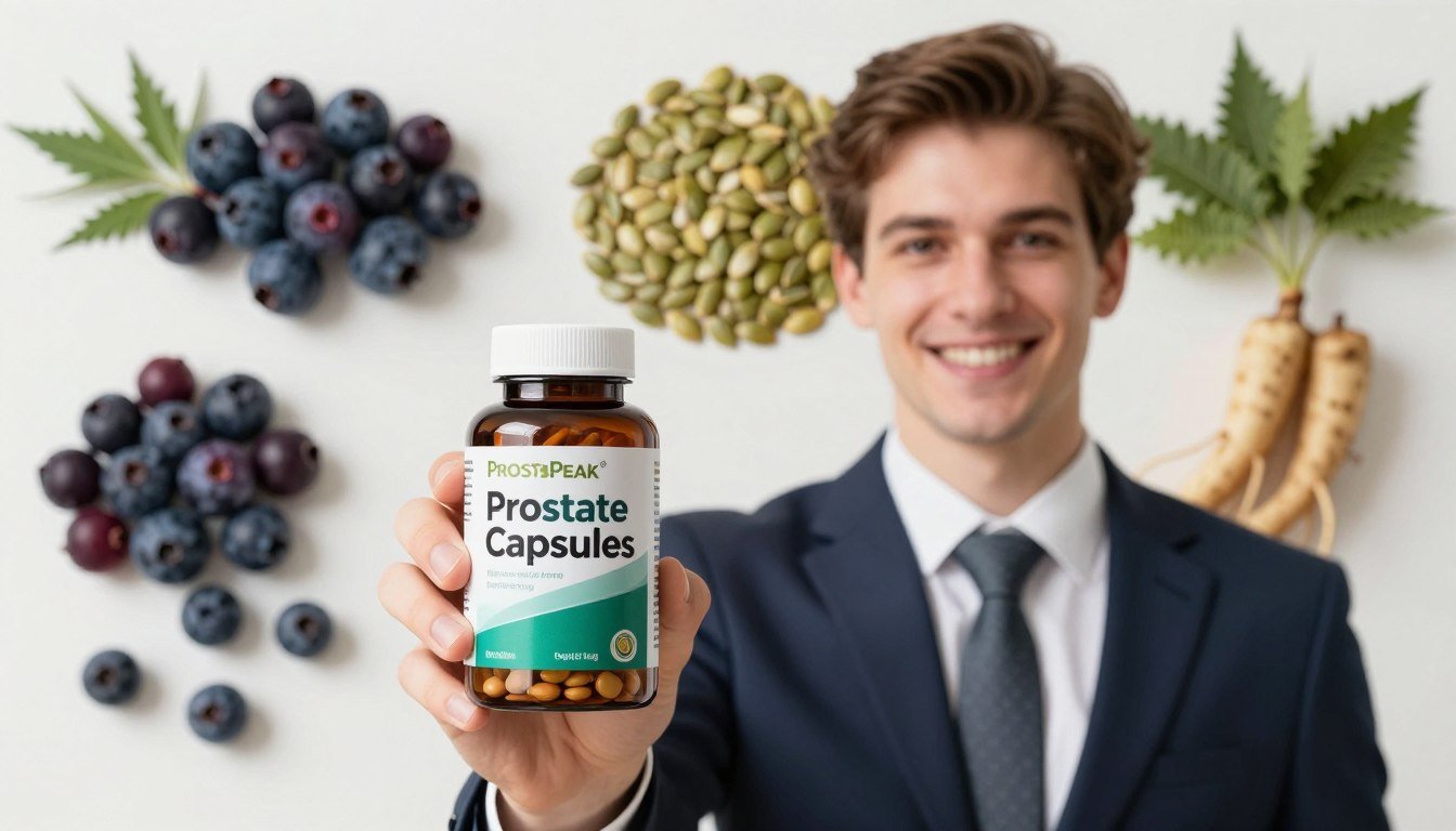 A young man in professional business attire is holding a bottle of "Prostate Capsules" prominently in the foreground. The capsules are vividly detailed, showcasing their rich colors and textures. Behind him, an array of key ingredients frequently associated with prostate health is artistically arranged—such as saw palmetto berries, pumpkin seeds, and nettle roots, all displayed in a clean, organized manner. The background is bright and inviting, with soft lighting that creates a warm atmosphere, evoking a sense of vitality and well-being. The focus is sharp on the young man and the capsules, adding depth to the overall image composition. The overall mood is hopeful and health-oriented, perfect for conveying the benefits of Prosta Peak.