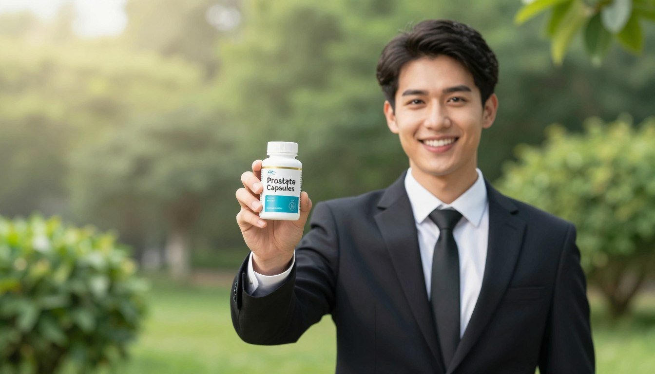 A young man in professional business attire stands confidently at the forefront, holding a bottle of "Prostate Capsules" in one hand, showcasing the product clearly. His expression is upbeat and health-conscious, symbolizing vitality. In the middle ground, a bright, inviting atmosphere is created with soft lighting that highlights the bottle and the man, suggesting positivity and wellness. The background features a serene, nature-inspired scene, like lush greenery, which evokes a sense of health and natural support. The overall mood is uplifting and informative, reinforcing a commitment to healthy prostate function. The entire composition is well-lit, with a slight depth of field effect that keeps the focus on the young man and the product.