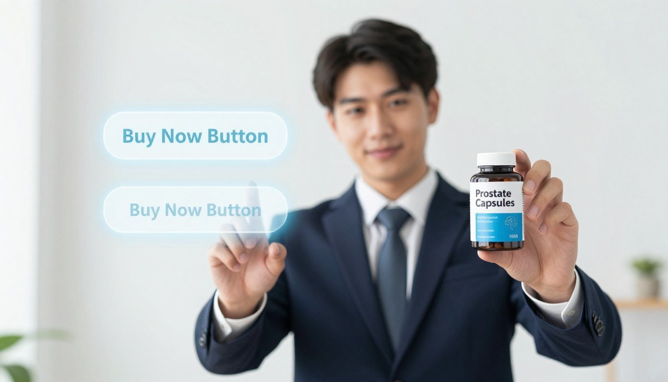A young man in professional business attire stands confidently, holding a bottle of "Prostate Capsules" in one hand, showcasing it prominently. The background is bright and clean, creating an inviting atmosphere that emphasizes health and vitality. Beside him, a subtle illustration of a glowing "Buy Now Button" to enhance the promotional aspect. The lighting is soft yet well-lit, highlighting the man’s features while giving a fresh and motivating vibe. The angle is slightly angled to capture both the man and the product, ensuring the label of the "Prostate Capsules" is clearly visible. The overall mood is positive and encouraging, promoting wellness and support for a healthy prostate function.