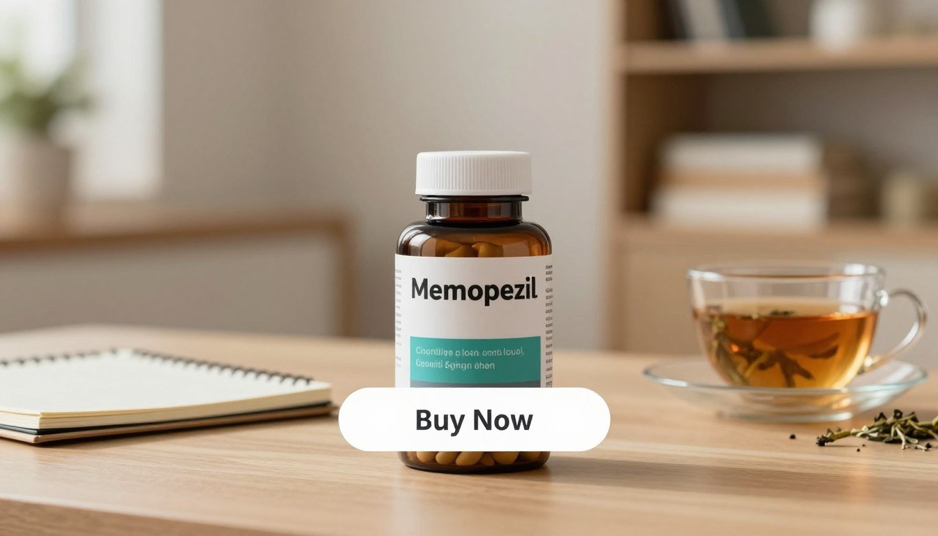 An elegantly staged product display featuring the Memopezil brain supplement bottle prominently positioned in the foreground. The bottle should be sleek, with its label clearly visible, showcasing the brand name "Memopezil" in bold, modern typography. The middle ground features a subtle backdrop of a serene, softly lit workspace that conveys focus and clarity, including elements like a notepad and a cup of herbal tea. In the background, gentle bokeh suggests a tranquil home office setting, perhaps with a shelf of books on cognitive health. Soft, warm lighting casts a welcoming glow, enhancing a calm and inspiring atmosphere. The composition should include a clear, eye-catching "Buy Now" CTA button overlay, artfully integrated into the design, aligning cohesively with the overall aesthetic.