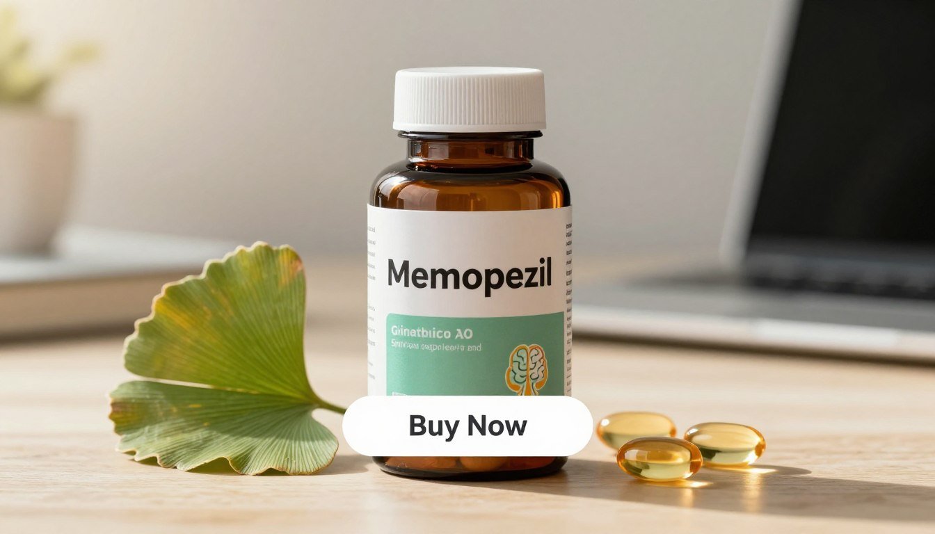Create a realistic representation of a Memopezil product bottle, prominently displaying the brand name "Memopezil" on the front label. Position the bottle in the foreground, featuring a sleek design that reflects a modern cognitive support supplement. Surround it with ingredients that symbolize cognitive enhancement, such as ginkgo biloba leaves, omega-3 capsules, and cognitive enhancement symbols. In the background, create a softly blurred environment that suggests a serene workspace, with warm, natural lighting that casts gentle highlights on the bottle, enhancing its appeal. Add a clear, visible "Buy Now" button overlay to emphasize action. The overall mood should be inviting and professional, aimed at an audience of adults looking for cognitive support.