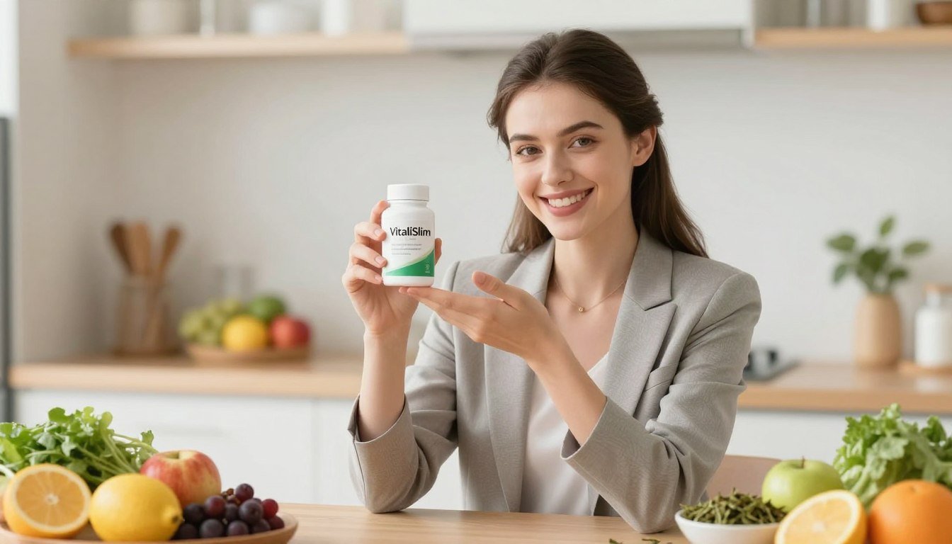 High-quality image of a slim young woman in a bright, inviting kitchen setting, holding a sleek VitaliSlim product visibly in her hands. She is smiling confidently, dressed in professional business attire, exuding positivity and health. The foreground features her engaging expression and the product, while the middle ground is filled with fresh fruits, herbs, and natural ingredients associated with weight management, like green tea leaves and berries. The background is softly blurred to emphasize the subject, with warm, natural lighting creating a vibrant atmosphere. The overall mood conveys wellness and empowerment, ideal for the theme of weight loss. High-quality image of a slim young woman in a bright, inviting kitchen setting, holding a sleek VitaliSlim product visibly in her hands. She is smiling confidently, dressed in professional business attire, exuding positivity and health. The foreground features her engaging expression and the product, while the middle ground is filled with fresh fruits, herbs, and natural ingredients associated with weight management, like green tea leaves and berries. The background is softly blurred to emphasize the subject, with warm, natural lighting creating a vibrant atmosphere. The overall mood conveys wellness and empowerment, ideal for the theme of weight loss.