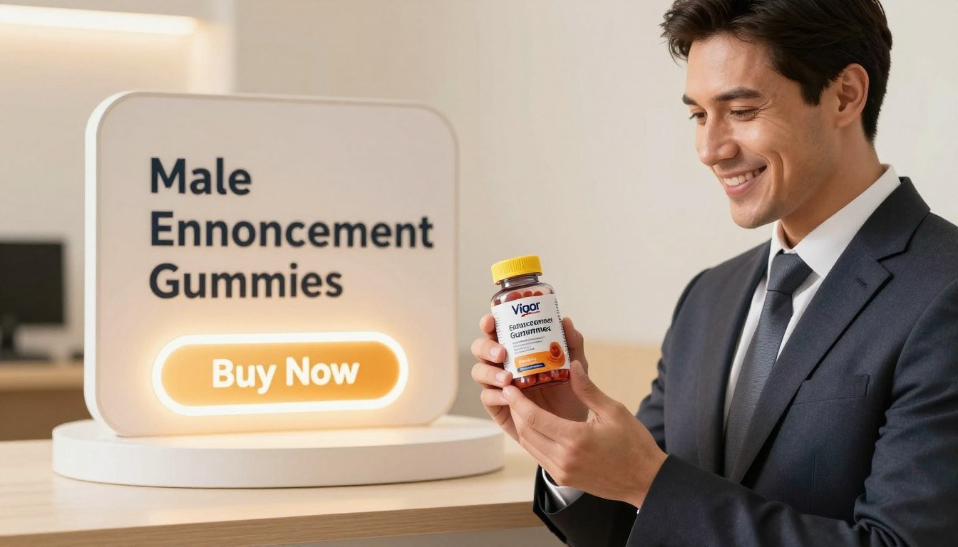 A clean and engaging scene illustrating the importance of male enhancement. In the foreground, a confident business professional in a suit holds a bottle of Vigor Boost Male Enhancement Gummies, smiling as they examine the product. The middle ground features a simple and modern display, showcasing the brand name "Male Enhancement Gummies" on a sleek label. A glowing price tag with a bold "Buy Now" button captures attention. The background is softly lit with warm tones, creating an inviting atmosphere. The lighting is bright but not harsh, emphasizing the product's benefits. The overall feeling should be one of empowerment and positivity, attracting potential customers seeking improvement in their performance.