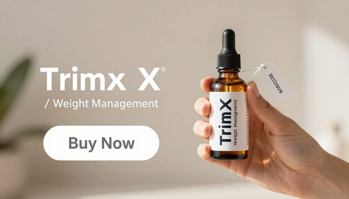A clean and modern advertisement featuring a hand holding a TrimX dropper bottle with a sleek design, showcasing the brand name "TrimX / Weight Management" prominently. In the foreground, the dropper bottle is glowing slightly to emphasize its appeal, while a subtle price tag hangs nearby, conveying the product's value. The middle section includes a bright, inviting “Buy Now” button, creating a sense of urgency. The background is softly blurred with a warm, neutral tone to enhance focus on the product, adding an inviting and trustworthy atmosphere. The lighting is bright and natural, suggesting freshness and vitality, while the overall mood is professional and friendly, perfect for a weight management product. A clean and modern advertisement featuring a hand holding a TrimX dropper bottle with a sleek design, showcasing the brand name "TrimX / Weight Management" prominently. In the foreground, the dropper bottle is glowing slightly to emphasize its appeal, while a subtle price tag hangs nearby, conveying the product's value. The middle section includes a bright, inviting “Buy Now” button, creating a sense of urgency. The background is softly blurred with a warm, neutral tone to enhance focus on the product, adding an inviting and trustworthy atmosphere. The lighting is bright and natural, suggesting freshness and vitality, while the overall mood is professional and friendly, perfect for a weight management product.