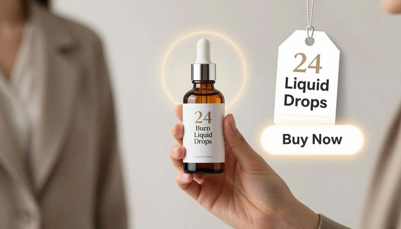 A clean and modern advertisement scene featuring a hand holding a sleek bottle of "24 Burn Liquid Drops". In the foreground, the hand is shown in a professional manner, wearing a modest outfit. The bottle, with elegant design details, is prominently displayed, reflecting a sense of innovation and effectiveness. In the middle background, a subtle glowing effect envelops the bottle, representing vitality and energy. To the right, a stylish price tag hangs nearby, emphasizing affordability, and below it, a prominent “Buy Now” button glows invitingly. Soft, diffused lighting enhances the clarity of the scene, and a shallow depth of field focuses on the bottle while softly blurring the surrounding elements, creating a sophisticated and inviting atmosphere.