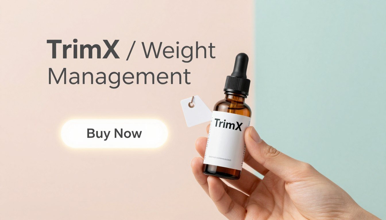 A clean and modern advertisement showcasing TrimX, a natural weight management product. In the foreground, a hand elegantly holds a sleek TrimX dropper bottle, positioned prominently to highlight its features. In the middle, a minimalistic price tag is attached to the bottle, and a glowing "Buy Now" button is placed nearby, radiating an inviting light. The background features soft pastel colors, creating a serene and calming atmosphere, emphasizing health and wellness. The text "TrimX / Weight Management" is subtly integrated into the design, reinforcing brand identity. The lighting is bright and inviting, coming from a soft, diffused source, creating a professional yet approachable vibe, with a slight depth of field to draw focus on the product and call-to-action elements. A clean and modern advertisement showcasing TrimX, a natural weight management product. In the foreground, a hand elegantly holds a sleek TrimX dropper bottle, positioned prominently to highlight its features. In the middle, a minimalistic price tag is attached to the bottle, and a glowing "Buy Now" button is placed nearby, radiating an inviting light. The background features soft pastel colors, creating a serene and calming atmosphere, emphasizing health and wellness. The text "TrimX / Weight Management" is subtly integrated into the design, reinforcing brand identity. The lighting is bright and inviting, coming from a soft, diffused source, creating a professional yet approachable vibe, with a slight depth of field to draw focus on the product and call-to-action elements.