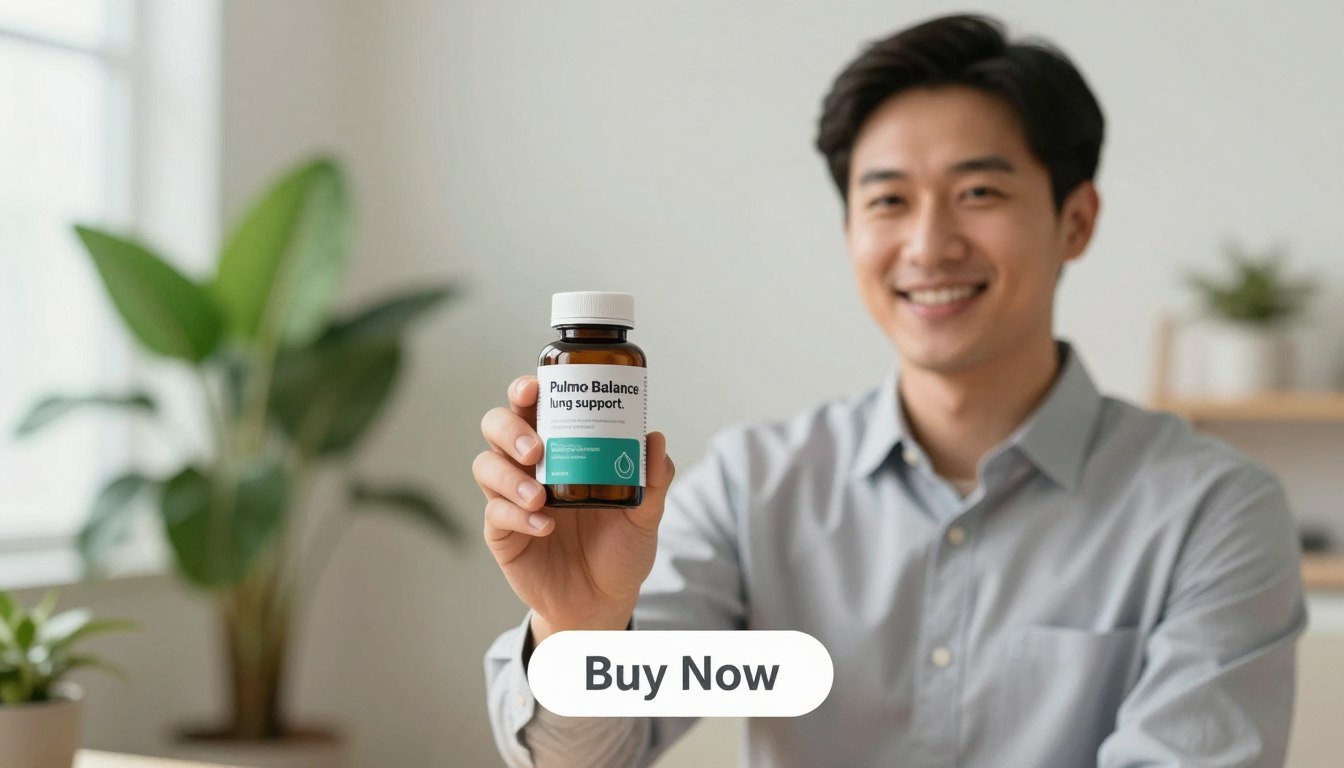 A clean and modern image showcasing a man in professional attire holding a Pulmo Balance lung support supplement bottle, emphasizing respiratory health benefits. The foreground features the man smiling confidently, displaying the product label clearly, which reads "Pulmo Balance lung support." The middle ground includes a subtle, inviting background of a wellness-themed environment, with green plants and gentle light filtering through a window, creating a serene atmosphere. In the bottom section of the image, a visually appealing "Buy Now" button is subtly integrated, enhancing the focus on the product. Use soft, natural lighting with a shallow depth of field to create warmth and professionalism, evoking trust and health consciousness in the viewer. A clean and modern image showcasing a man in professional attire holding a Pulmo Balance lung support supplement bottle, emphasizing respiratory health benefits. The foreground features the man smiling confidently, displaying the product label clearly, which reads "Pulmo Balance lung support." The middle ground includes a subtle, inviting background of a wellness-themed environment, with green plants and gentle light filtering through a window, creating a serene atmosphere. In the bottom section of the image, a visually appealing "Buy Now" button is subtly integrated, enhancing the focus on the product. Use soft, natural lighting with a shallow depth of field to create warmth and professionalism, evoking trust and health consciousness in the viewer.