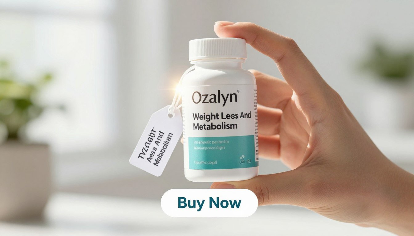 A clean and professional image depicting a hand holding an Ozalyn weight loss capsules bottle, featuring a sleek design with the brand name "Weight Loss And Metabolism" prominently shown on the label. The background is softly blurred, suggesting a fresh and airy atmosphere, while a glowing effect highlights the bottle, drawing attention to its importance. In the foreground, a realistic price tag is attached to the product, and a bright, inviting "Buy Now" button subtly accompanies the scene. The lighting is bright and natural, simulating a well-lit promotional environment, ideally captured with a slight angle to emphasize the product. The overall mood is encouraging and motivating, ideal for a 2026 metabolic reset campaign focused on health and wellness.