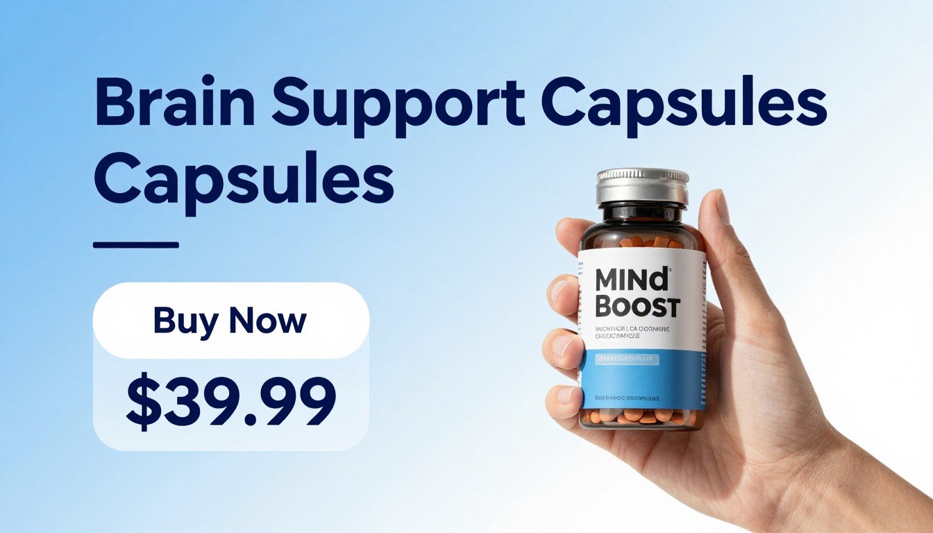 A clean, professional advertisement layout showcasing "Brain Support Capsules" at the forefront, with a hand elegantly holding a sleek bottle of Mind Boost Capsules. The background features a subtle gradient in calming blue and white tones, conveying a sense of trust and focus. In the middle section, a minimalist design highlights key elements: a glowing "Buy Now" button and an eye-catching price tag that reads “$39.99.” The ambiance is bright and inviting, illuminated with soft lighting to enhance the product and create a fresh atmosphere. The overall mood should feel empowering and energizing, suitable for those seeking cognitive enhancement. Emphasize clarity and simplicity, avoiding clutter to keep the focus on the product. A clean, professional advertisement layout showcasing "Brain Support Capsules" at the forefront, with a hand elegantly holding a sleek bottle of Mind Boost Capsules. The background features a subtle gradient in calming blue and white tones, conveying a sense of trust and focus. In the middle section, a minimalist design highlights key elements: a glowing "Buy Now" button and an eye-catching price tag that reads “$39.99.” The ambiance is bright and inviting, illuminated with soft lighting to enhance the product and create a fresh atmosphere. The overall mood should feel empowering and energizing, suitable for those seeking cognitive enhancement. Emphasize clarity and simplicity, avoiding clutter to keep the focus on the product.