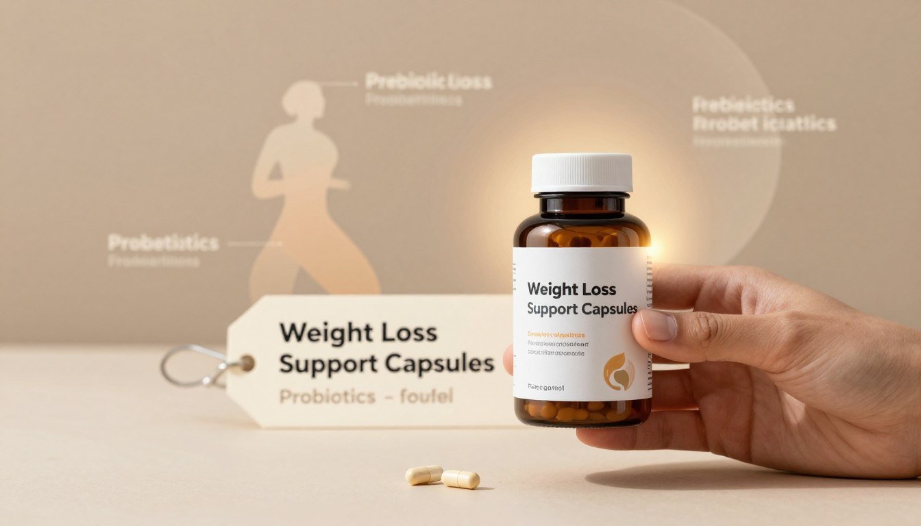 A clean, professional image showcasing a hand holding a bottle labeled "Weight Loss Support Capsules" in an elegant, softly lit environment. The foreground features the capsule bottle clearly visible, with a subtle glow around it to highlight its significance. In the middle ground, display an appealing price tag next to the bottle, indicating a promotional deal. The background should include abstract representations of prebiotics, probiotics, and fat utilization, illustrated through soft, flowing graphic elements that suggest health and vitality. Use a warm, inviting color palette to evoke a feeling of wellness and hope. The atmosphere should be calm and motivational, suitable for an article on weight loss solutions. Ensure the overall presentation is sleek and modern, without any text or logos apart from the bottle label. A clean, professional image showcasing a hand holding a bottle labeled "Weight Loss Support Capsules" in an elegant, softly lit environment. The foreground features the capsule bottle clearly visible, with a subtle glow around it to highlight its significance. In the middle ground, display an appealing price tag next to the bottle, indicating a promotional deal. The background should include abstract representations of prebiotics, probiotics, and fat utilization, illustrated through soft, flowing graphic elements that suggest health and vitality. Use a warm, inviting color palette to evoke a feeling of wellness and hope. The atmosphere should be calm and motivational, suitable for an article on weight loss solutions. Ensure the overall presentation is sleek and modern, without any text or logos apart from the bottle label.