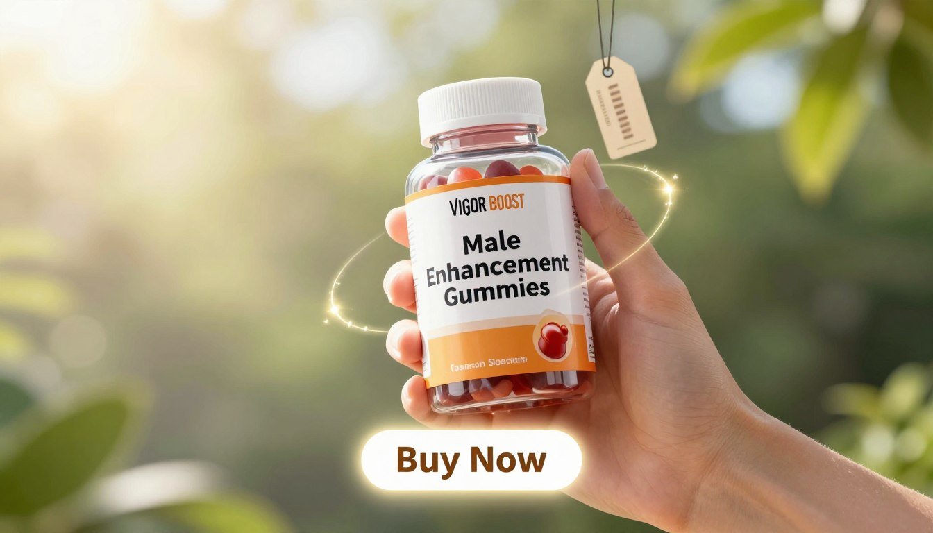 A clean, vibrant composition featuring a hand holding a bottle of Vigor Boost Male Enhancement Gummies, placed against a softly blurred natural background that suggests vitality and movement. In the foreground, the bottle is detailed and shiny, showcasing its label prominently with "Male Enhancement Gummies" in bold. Surrounding the bottle, gentle glowing effects hint at improved blood flow and stamina, symbolizing increased energy and vigor. The middle layer includes a subtle price tag hanging from the bottle, and a prominent "Buy Now" button glowing softly nearby. The lighting is bright and cheerful, resembling warm sunlight filtering through leaves, creating an uplifting and motivating atmosphere that invites exploration and action. The overall mood exudes health, vitality, and empowerment, perfect for an illustration of enhanced performance.