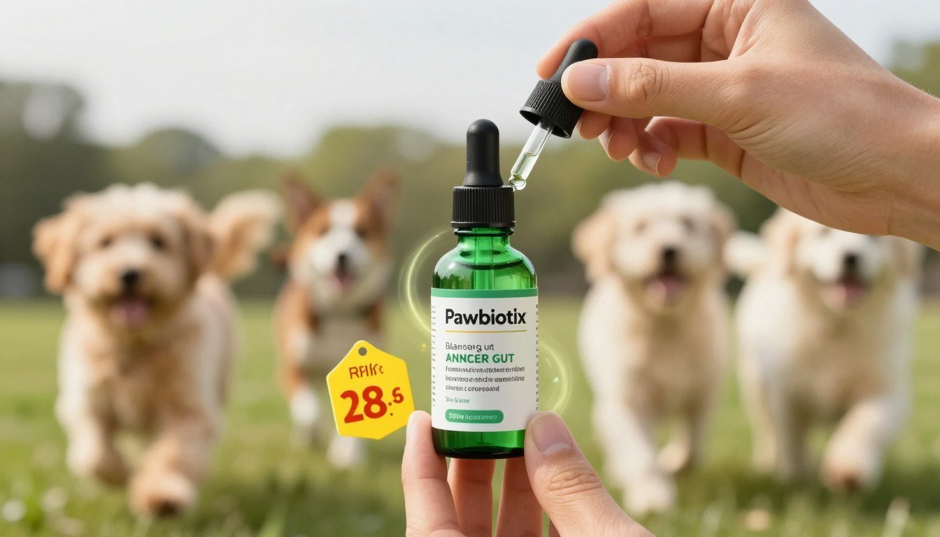 A clean, visually appealing ad banner featuring a hand holding a green dropper bottle labeled "Pawbiotix" for dog health. The foreground should highlight the bottle with droplets falling, emphasizing its use for balanced gut and energetic dogs. In the middle, include a subtle glowing effect around the bottle to create a sense of efficacy, alongside a small, vibrant price tag. In the background, incorporate a blurred, soft-focus image of happy, energetic dogs playing, showcasing their vitality. The atmosphere should be warm and inviting, with natural lighting that enhances the colors and details. The layout should be balanced, ensuring the focal points are clear, with no text or watermarks, ideal for illustrating customer reviews and product effectiveness. A clean, visually appealing ad banner featuring a hand holding a green dropper bottle labeled "Pawbiotix" for dog health. The foreground should highlight the bottle with droplets falling, emphasizing its use for balanced gut and energetic dogs. In the middle, include a subtle glowing effect around the bottle to create a sense of efficacy, alongside a small, vibrant price tag. In the background, incorporate a blurred, soft-focus image of happy, energetic dogs playing, showcasing their vitality. The atmosphere should be warm and inviting, with natural lighting that enhances the colors and details. The layout should be balanced, ensuring the focal points are clear, with no text or watermarks, ideal for illustrating customer reviews and product effectiveness.