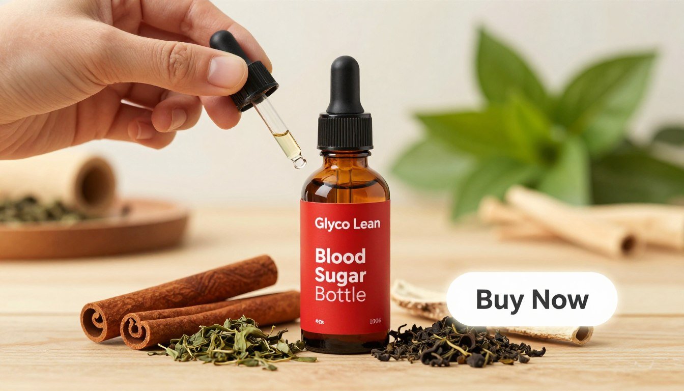 A clean, well-lit composition showcasing a hand holding a vibrant red Glyco Lean dropper bottle labeled "Glyco Lean Blood Sugar Bottle." The foreground features fresh, natural ingredients commonly associated with blood sugar stabilization, such as cinnamon sticks, green tea leaves, and licorice root, arranged artfully on a wooden table. In the background, a subtle hint of blurred herbal elements and soft-focus bright greenery creates an inviting atmosphere. The lighting is warm and inviting, highlighting the glossy finish of the dropper bottle and softly illuminating the ingredients, suggesting their freshness and natural benefits. A glowing "Buy Now" button and a simplistic price tag hover nearby, emphasizing the product's appeal without distractions. The overall mood is optimistic and health-conscious, suitable for an informative article.