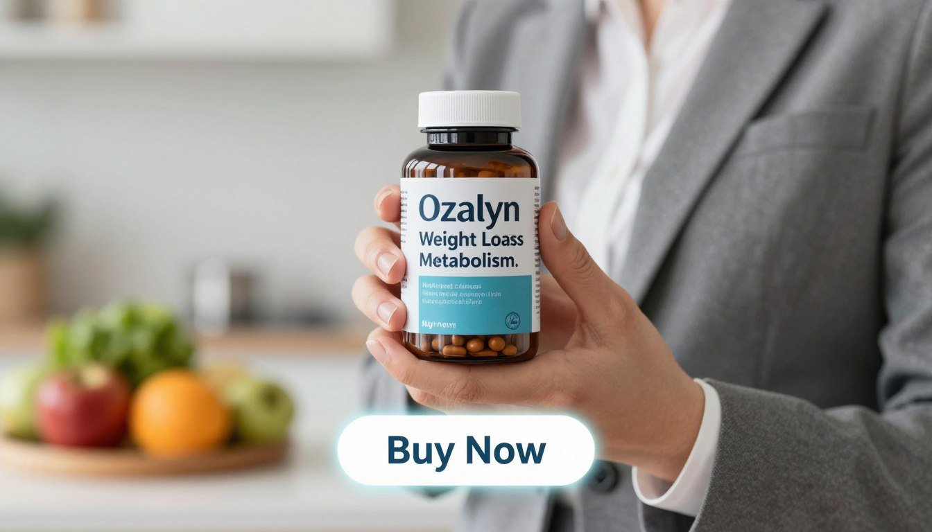 A close-up composition of a hand holding a bottle of Ozalyn Weight Loss Capsules, showcasing the label clearly with the brand name "Weight Loss And Metabolism." The hand is dressed in a smart-casual outfit, conveying professionalism and approachability. In the background, a softly blurred, modern kitchen hints at a healthy lifestyle, with fresh fruits and vegetables on display. The lighting is bright and inviting, creating a sense of hope and motivation. A glowing "Buy Now" button is subtly integrated into the scene near the bottom, accompanied by a clean price tag. The overall mood of the image reflects a contemporary struggle with metabolism, emphasizing determination and support in the weight loss journey. The focus on health and positivity should resonate with viewers, inspiring them to take action.