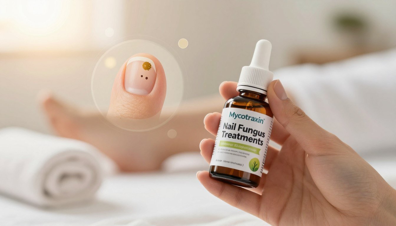 A close-up image focusing on a clean, well-groomed hand holding a Mycotraxin Nail Supplement bottle, showcasing the product prominently in the foreground. The bottle should feature a bright and inviting label with the brand name "Nail Fungus Treatments" clearly visible. In the middle ground, there should be subtle visuals representing nail fungus causes, such as a stylized illustration of a nail with fungal growth, surrounded by elements like warm sunlight and soft bokeh effects to enhance the overall mood. The background should have a blurred spa-like atmosphere with neutral tones, conveying a sense of cleanliness and health. The lighting is soft and natural, creating a hopeful and encouraging ambiance that resonates with the theme of overcoming nail fungus. Avoid any text, logos, or watermarks in the image. A close-up image focusing on a clean, well-groomed hand holding a Mycotraxin Nail Supplement bottle, showcasing the product prominently in the foreground. The bottle should feature a bright and inviting label with the brand name "Nail Fungus Treatments" clearly visible. In the middle ground, there should be subtle visuals representing nail fungus causes, such as a stylized illustration of a nail with fungal growth, surrounded by elements like warm sunlight and soft bokeh effects to enhance the overall mood. The background should have a blurred spa-like atmosphere with neutral tones, conveying a sense of cleanliness and health. The lighting is soft and natural, creating a hopeful and encouraging ambiance that resonates with the theme of overcoming nail fungus. Avoid any text, logos, or watermarks in the image.