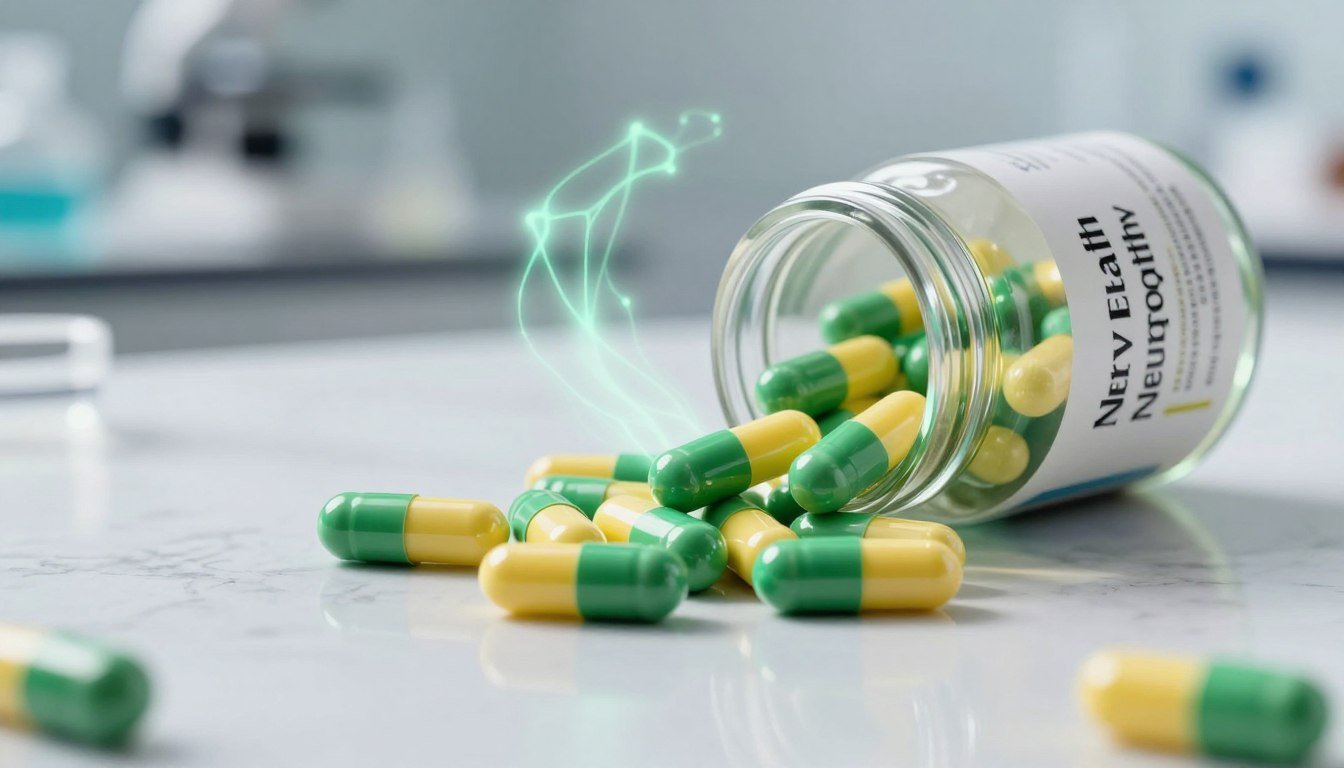 A close-up image of "Nerve Health Neuropathy" ingredients, showcasing capsules spilling from an elegant glass bottle on a sleek, marble surface. The vibrant capsules should be in shades of green and yellow, suggesting vitality and health. Surrounding the capsules, a faint, ethereal glow representing nerve energy emanates, creating a sense of dynamism and life. In the background, a blurred medical laboratory scene implies a clinical and trustworthy atmosphere, enhancing the overall mood. Soft, diffused lighting casts gentle shadows, giving depth to the foreground capsules. The composition should be well-balanced, emphasizing clarity and detail without any text or distractions.