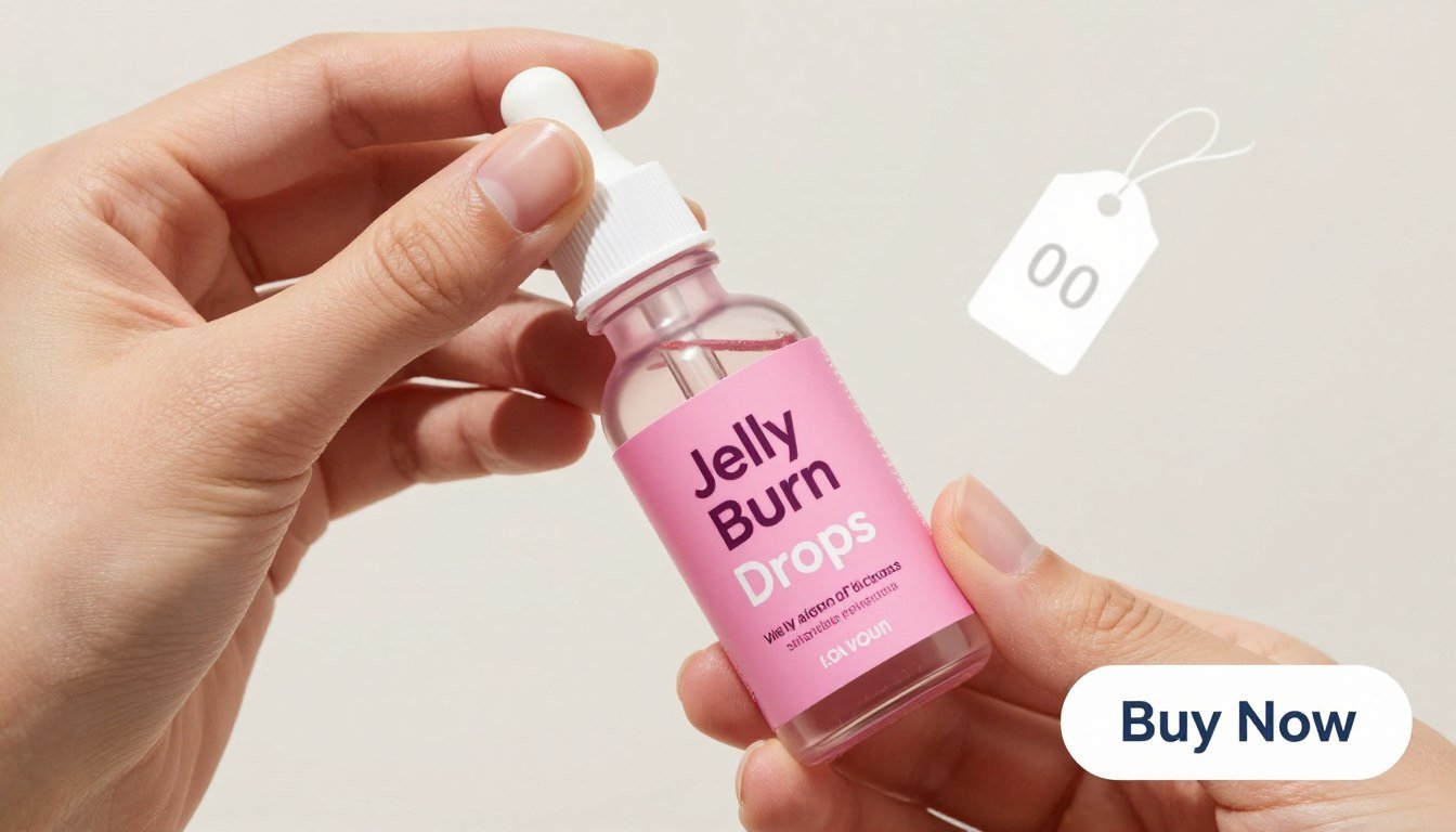 A close-up image of a hand gracefully holding a pink Jelly Burn Drops dropper bottle, showcasing its sleek design and vibrant label. The bottle is set against a clean, minimalistic background with soft, diffused lighting that highlights the glossy texture of the bottle and the shimmering liquid inside. Surrounding the bottle are subtle elements like a price tag and a glowing "Buy Now" button, creating an inviting and commercial atmosphere. The mood is fresh, modern, and appealing, reflecting the essence of a trendy weight loss supplement. The composition should focus on the excitement and potential of the product while ensuring no distracting elements are present, emphasizing Jelly Burn Drops as a must-have for those looking to start their weight loss journey. A close-up image of a hand gracefully holding a pink Jelly Burn Drops dropper bottle, showcasing its sleek design and vibrant label. The bottle is set against a clean, minimalistic background with soft, diffused lighting that highlights the glossy texture of the bottle and the shimmering liquid inside. Surrounding the bottle are subtle elements like a price tag and a glowing "Buy Now" button, creating an inviting and commercial atmosphere. The mood is fresh, modern, and appealing, reflecting the essence of a trendy weight loss supplement. The composition should focus on the excitement and potential of the product while ensuring no distracting elements are present, emphasizing Jelly Burn Drops as a must-have for those looking to start their weight loss journey.