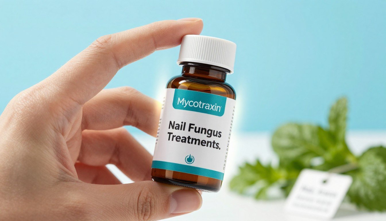 A close-up image of a hand holding a Mycotraxin Nail Supplement bottle, showcasing the sleek design and label reading "Nail Fungus Treatments." In the foreground, the bottle is positioned prominently, with fingers gently grasping it, emphasizing its importance in natural nail fungus treatment. The middle layer features a clean and vibrant background with bright, soft lighting that highlights the bottle and creates a glowing effect around it. Subtle health-related objects, such as fresh herbs and a small price tag, are arranged neatly around the base of the bottle. The atmosphere should feel fresh and reassuring, conveying a sense of effective care for nails. Overall, the image should evoke trust and promote healthy nails without any text or additional distractions. A close-up image of a hand holding a Mycotraxin Nail Supplement bottle, showcasing the sleek design and label reading "Nail Fungus Treatments." In the foreground, the bottle is positioned prominently, with fingers gently grasping it, emphasizing its importance in natural nail fungus treatment. The middle layer features a clean and vibrant background with bright, soft lighting that highlights the bottle and creates a glowing effect around it. Subtle health-related objects, such as fresh herbs and a small price tag, are arranged neatly around the base of the bottle. The atmosphere should feel fresh and reassuring, conveying a sense of effective care for nails. Overall, the image should evoke trust and promote healthy nails without any text or additional distractions.