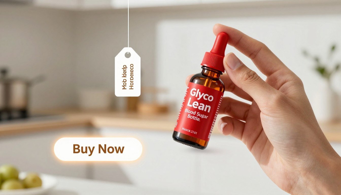 A close-up shot of a clean and minimalistic advertisement featuring a hand holding a vibrant red Glyco Lean dropper bottle prominently labeled "Glyco Lean Blood Sugar Bottle." The foreground showcases the bottle clearly, with the hand positioned elegantly to illustrate use. In the middle ground, a softly glowing Buy Now button adds a sense of urgency, while a small, stylish price tag hovers nearby. The background is gently blurred with a refreshing, modern kitchen setting, emphasizing natural light streaming in, creating a bright and optimistic atmosphere. The composition evokes a sense of health, vitality, and trust in the product, perfect for illustrating the concept of stabilizing blood sugar and boosting energy with natural ingredients.