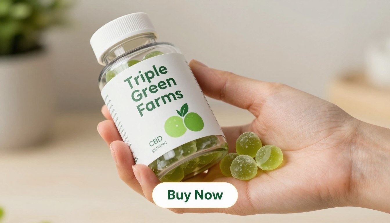 A close-up shot of a clean, modern-looking hand holding a bottle of "Triple Green Farms" CBD gummies, which are green and white in color. The bottle features a sleek design, highlighting its natural ingredients, with a simplistic label showcasing the brand name prominently. In the foreground, include a subtle price tag and a glowing "Buy Now" button to evoke a sense of urgency. The background is softly blurred to maintain focus on the gummies, with warm, natural lighting that conveys a relaxed, inviting atmosphere. The mood is calm and serene, emphasizing the wellness aspect of these gummies, making it ideal for supporting pain, anxiety, and sleep. No text, watermarks, or distractions in the image.