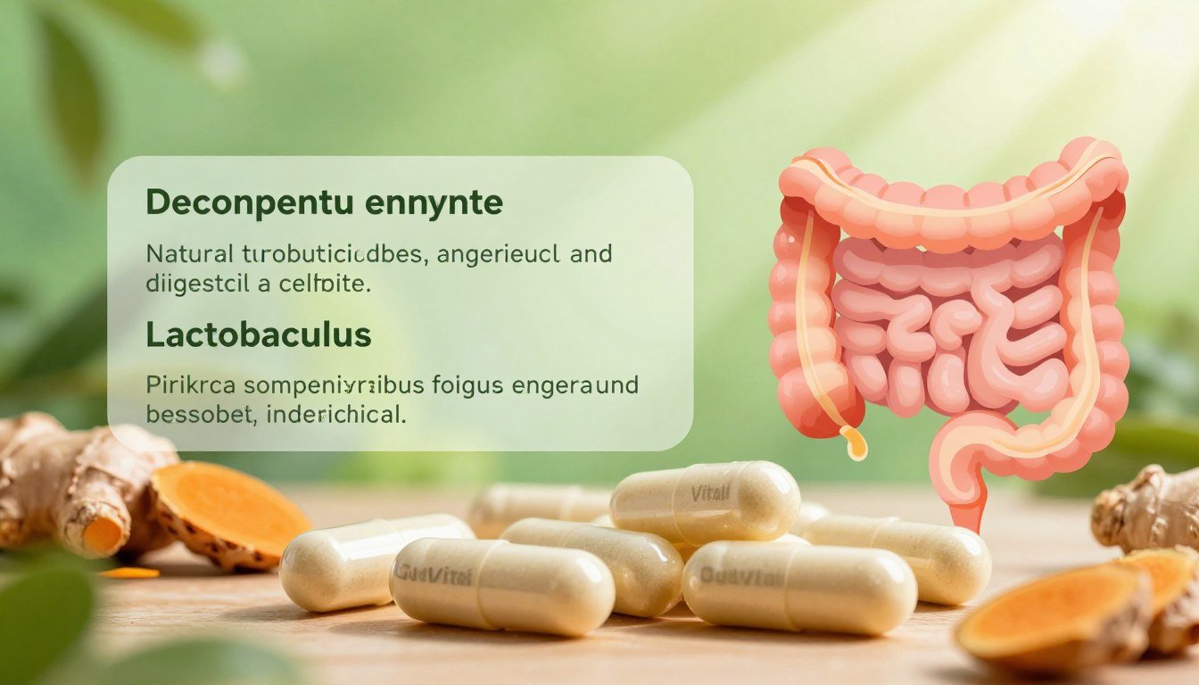 A close-up view of GutVitali probiotics and digestive enzyme capsules prominently displayed in the foreground, surrounded by a vibrant, artistic illustration of gut health. In the middle ground, a visually appealing ingredients list showcases natural elements like ginger, turmeric, and lactobacillus, emphasizing their benefits for digestion and gut health. The background features a soft-focus, calming green gradient that conveys wellness and vitality, with light rays streaming in to create an uplifting atmosphere. The scene is well-lit with a natural daylight effect, shot with a macro lens to capture the details of the capsules and ingredients. The overall mood is informative and inviting, perfect for a health-focused article. No text, logos, or promotional elements are included. A close-up view of GutVitali probiotics and digestive enzyme capsules prominently displayed in the foreground, surrounded by a vibrant, artistic illustration of gut health. In the middle ground, a visually appealing ingredients list showcases natural elements like ginger, turmeric, and lactobacillus, emphasizing their benefits for digestion and gut health. The background features a soft-focus, calming green gradient that conveys wellness and vitality, with light rays streaming in to create an uplifting atmosphere. The scene is well-lit with a natural daylight effect, shot with a macro lens to capture the details of the capsules and ingredients. The overall mood is informative and inviting, perfect for a health-focused article. No text, logos, or promotional elements are included.