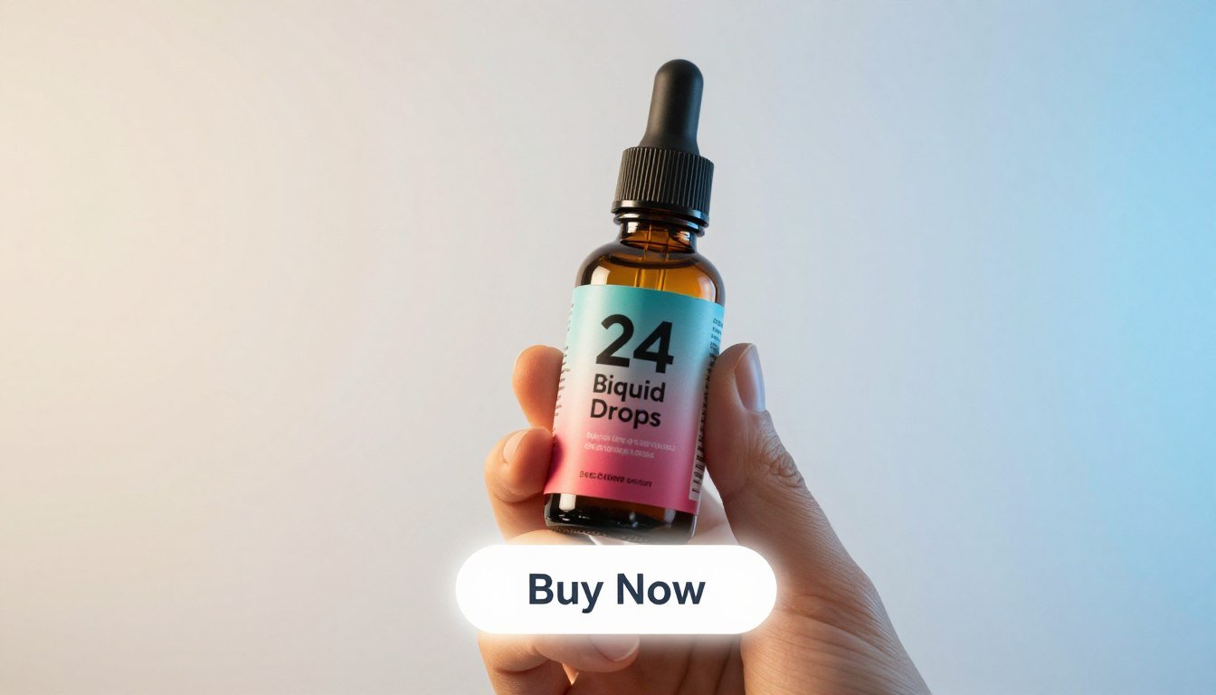 A close-up view of a hand elegantly holding a sleek, modern bottle of "24 Burn Liquid Drops," showcasing its vibrant label and innovative design. The background features a soft, blurred gradient in shades of white and light blue, creating a clean and professional atmosphere. In the foreground, include a small, eye-catching price tag attached to the bottle, suggesting affordability and value. A glowing "Buy Now" button hovers nearby, inviting viewers in. Subtle, warm lighting illuminates the scene, enhancing the clarity of the product while providing a polished look. The overall mood is one of excitement and hopefulness, reflecting the transformative potential of this weight loss supplement. The scene conveys professionalism and a sense of wellness without distractions.