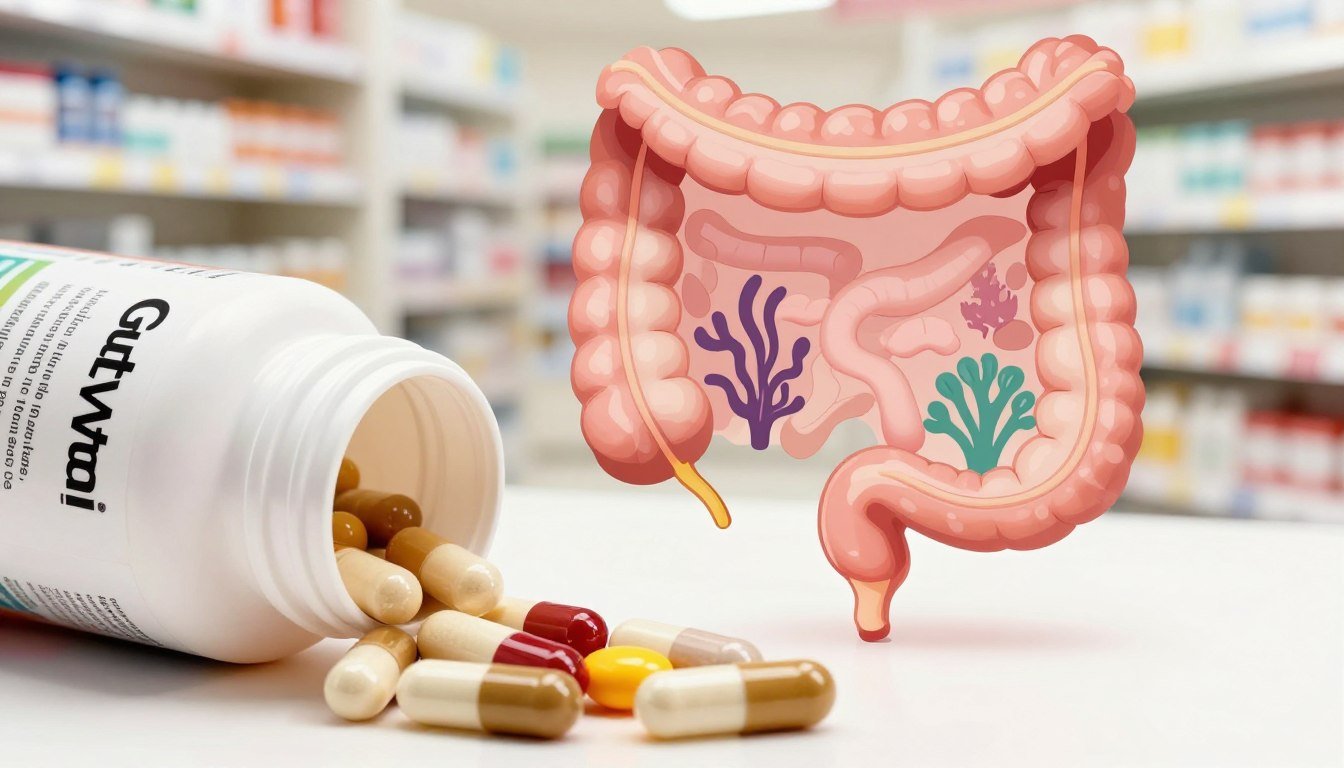 A detailed illustration depicting the potential side effects of GutVitali supplements in a visually engaging way. In the foreground, showcase a close-up of open capsules spilling their contents, with a vibrant mix of probiotics and digestive enzymes in natural colors. In the middle ground, feature a soft-focus illustration of a human gut, subtly displaying signs of health and imbalance, using imagery like a healthy flora and warning signs in a muted color palette. The background can be a clean, blurred pharmacy or health store setting, enhancing the pharmaceutical context. Use warm, inviting lighting to create a sense of reliability, captured from a slightly elevated angle. The mood should evoke a combination of caution and health awareness. Include hints of ingredient lists and benefits without text, immersing the viewer in the subject matter related to the safety and tolerability of the product. A detailed illustration depicting the potential side effects of GutVitali supplements in a visually engaging way. In the foreground, showcase a close-up of open capsules spilling their contents, with a vibrant mix of probiotics and digestive enzymes in natural colors. In the middle ground, feature a soft-focus illustration of a human gut, subtly displaying signs of health and imbalance, using imagery like a healthy flora and warning signs in a muted color palette. The background can be a clean, blurred pharmacy or health store setting, enhancing the pharmaceutical context. Use warm, inviting lighting to create a sense of reliability, captured from a slightly elevated angle. The mood should evoke a combination of caution and health awareness. Include hints of ingredient lists and benefits without text, immersing the viewer in the subject matter related to the safety and tolerability of the product.