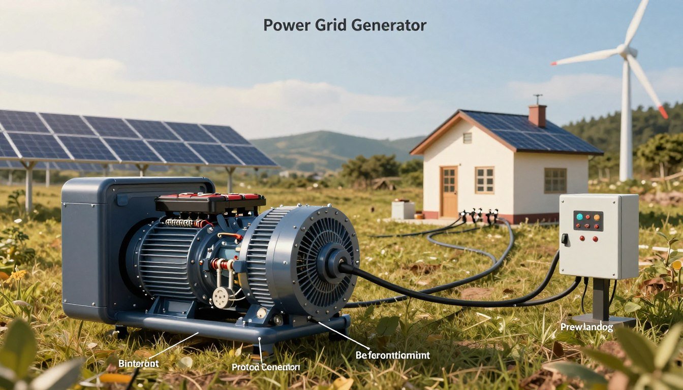 A detailed illustration of the "Power Grid Generator," showcasing how a power grid generator works. In the foreground, depict a well-designed generator model with clear labels on its components, including an alternator, battery bank, and control panel. In the middle, visualize power cables connecting to a small off-grid home, demonstrating energy transfer. The background should feature a scenic, serene landscape, emphasizing eco-friendliness with solar panels and wind turbines. Use warm, natural lighting to create a welcoming atmosphere, and capture the scene from a low angle for a dynamic view. The style should be realistic and informative, conveying the innovative design and efficiency of the generator system.
