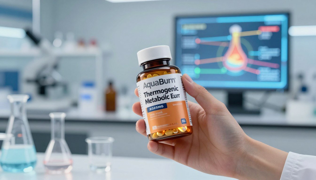 A dynamic and visually compelling image depicting the science of thermogenesis, centered around a hand holding a bottle of AquaBurn 2325MG Capsules. In the foreground, prominently feature the label "Thermogenic Metabolic Booster" on the bottle, with capsules glowing softly to signify energy and vitality. In the middle ground, show a blurred lab environment, with beakers and scientific instruments that subtly suggest research and innovation. The background should include a sleek digital display illustrating metabolic processes, such as heat production and fat breakdown. Use soft, bright lighting to create a clean, clinical atmosphere. The overall mood should be informative yet engaging, showcasing the cutting-edge nature of weight loss science.