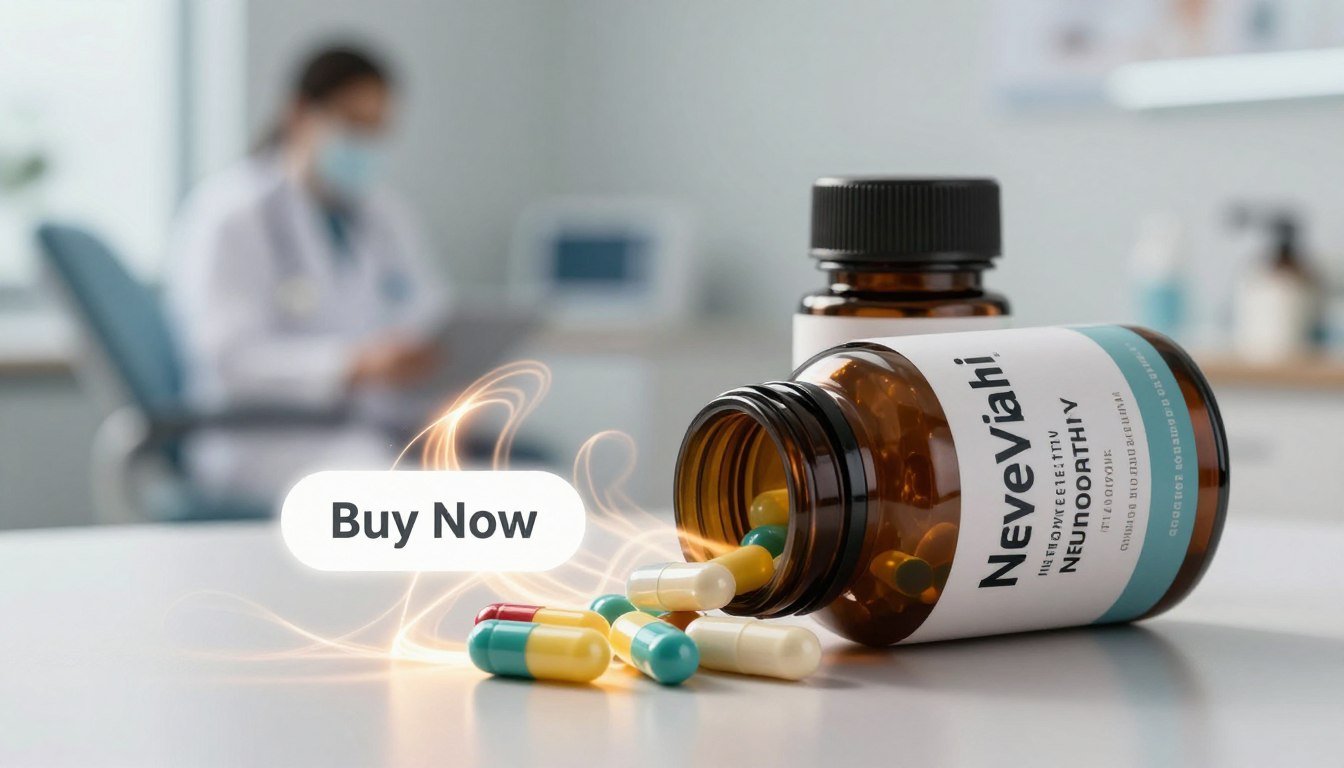 A high-quality image featuring the Nerve Health Neuropathy supplement, with a focus on a sleek, modern bottle designed for nerve health capsules, placed prominently in the foreground. The bottle is slightly open, and capsules are spilling out, showcasing their vibrant colors. Glowing, abstract energy waves radiate from the capsules, symbolizing enhanced nerve vitality. The background features a softly blurred medical clinic setting, suggesting professionalism and trust. Gentle, warm lighting enhances the mood, creating an inviting atmosphere. A subtle, elegant 'Buy Now' button is positioned near the bottle, reinforcing the product’s accessibility. The overall composition conveys health, vitality, and reliability, ideal for an overview of the NerveVitali supplement and its benefits.