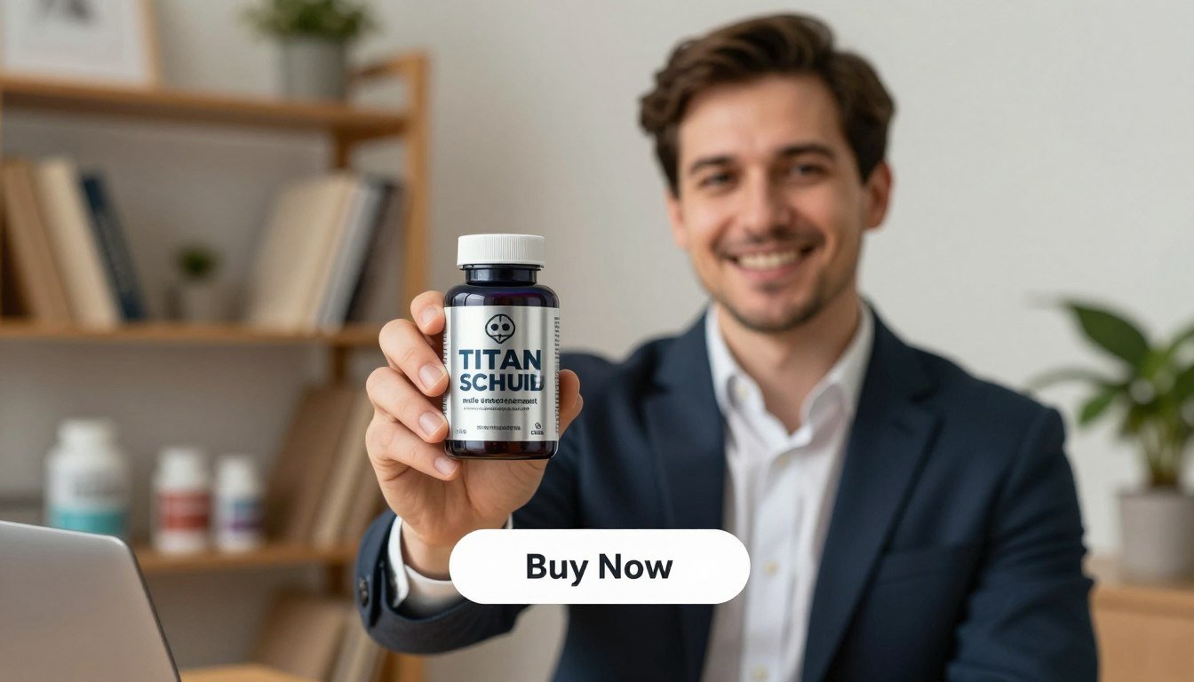 A professional adult man in business attire holds a sleek, modern bottle of dietary supplement labeled "Titan Schub male enhancement" in clear view. The focus is on the man, who is smiling confidently, standing in a cozy, well-lit office environment. In the background, soft-focus shelves filled with health-related books and a plant create a calm, productive atmosphere. The image emphasizes vitality and wellness associated with the product. Below the bottle, a contrasting Buy Now button stands out, effectively encouraging action. The lighting is warm and inviting, creating an optimistic and energetic mood that appeals to potential customers. The angle captures both the bottle and the man, establishing a connection between them and the audience. A professional adult man in business attire holds a sleek, modern bottle of dietary supplement labeled "Titan Schub male enhancement" in clear view. The focus is on the man, who is smiling confidently, standing in a cozy, well-lit office environment. In the background, soft-focus shelves filled with health-related books and a plant create a calm, productive atmosphere. The image emphasizes vitality and wellness associated with the product. Below the bottle, a contrasting Buy Now button stands out, effectively encouraging action. The lighting is warm and inviting, creating an optimistic and energetic mood that appeals to potential customers. The angle captures both the bottle and the man, establishing a connection between them and the audience.