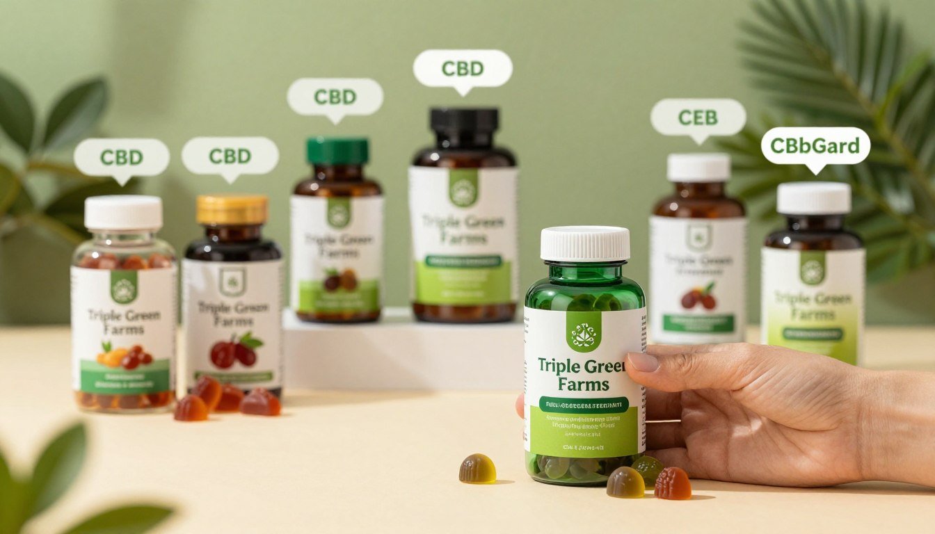 A professional and informative image featuring a comparison of full spectrum hemp extract CBD gummies from various brands, with a focus on "Triple Green Farms". In the foreground, a clean and vibrant image of a hand holding a green CBD gummies bottle distinctly labeled with "Triple Green Farms" next to a white bottle of another brand. The middle ground showcases several different bottles of CBD gummies arranged neatly, with price tags prominently displayed. The background features soft, natural greenery creating a calming atmosphere, illuminated by warm, soft lighting that highlights the product's organic appeal. The overall mood conveys health, wellness, and professionalism, enhancing the viewer's perception of these natural supplements. No text or branding overlays included.