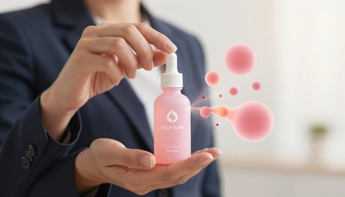 A professional individual dressed in smart casual attire is holding a pink Jelly Burn Drops dropper bottle against a clean, bright backdrop. The foreground features the person's hand displaying the bottle prominently, showcasing its sleek design and soft pink hue. In the middle ground, the bottle is surrounded by visual metaphors for stubborn fat metabolism, such as an abstract representation of fat cells being broken down and transformed into energy. The background is softly blurred, suggesting a serene and motivating atmosphere, with warm, comforting lighting that creates a sense of hope and positive change. No text or branding appears in the image except for the Jelly Burn Drops logo subtly integrated into the design. The overall mood exudes empowerment and determination in the journey against stubborn weight and age-related weight gain. A professional individual dressed in smart casual attire is holding a pink Jelly Burn Drops dropper bottle against a clean, bright backdrop. The foreground features the person's hand displaying the bottle prominently, showcasing its sleek design and soft pink hue. In the middle ground, the bottle is surrounded by visual metaphors for stubborn fat metabolism, such as an abstract representation of fat cells being broken down and transformed into energy. The background is softly blurred, suggesting a serene and motivating atmosphere, with warm, comforting lighting that creates a sense of hope and positive change. No text or branding appears in the image except for the Jelly Burn Drops logo subtly integrated into the design. The overall mood exudes empowerment and determination in the journey against stubborn weight and age-related weight gain.