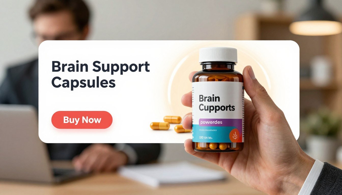 A professionally dressed hand holds a sleek, modern bottle of "Brain Support Capsules," elegantly designed with a glossy label that has vibrant colors. The foreground features the bottle prominently, with a smooth surface reflecting soft, ambient lighting. In the middle ground, a clean ad banner showcases the capsules with a glowing effect, highlighting the enticing "Buy Now" button nearby. In the background, a blurred office setting suggests productivity and focus, with a warm, inviting atmosphere. The image exudes a sense of trustworthiness and appeal, making the viewer feel inclined to explore the benefits of the product, ideal for comparisons with powders. The overall composition should be bright, focused, and engaging, emphasizing the theme of cognitive enhancement and clarity. A professionally dressed hand holds a sleek, modern bottle of "Brain Support Capsules," elegantly designed with a glossy label that has vibrant colors. The foreground features the bottle prominently, with a smooth surface reflecting soft, ambient lighting. In the middle ground, a clean ad banner showcases the capsules with a glowing effect, highlighting the enticing "Buy Now" button nearby. In the background, a blurred office setting suggests productivity and focus, with a warm, inviting atmosphere. The image exudes a sense of trustworthiness and appeal, making the viewer feel inclined to explore the benefits of the product, ideal for comparisons with powders. The overall composition should be bright, focused, and engaging, emphasizing the theme of cognitive enhancement and clarity.