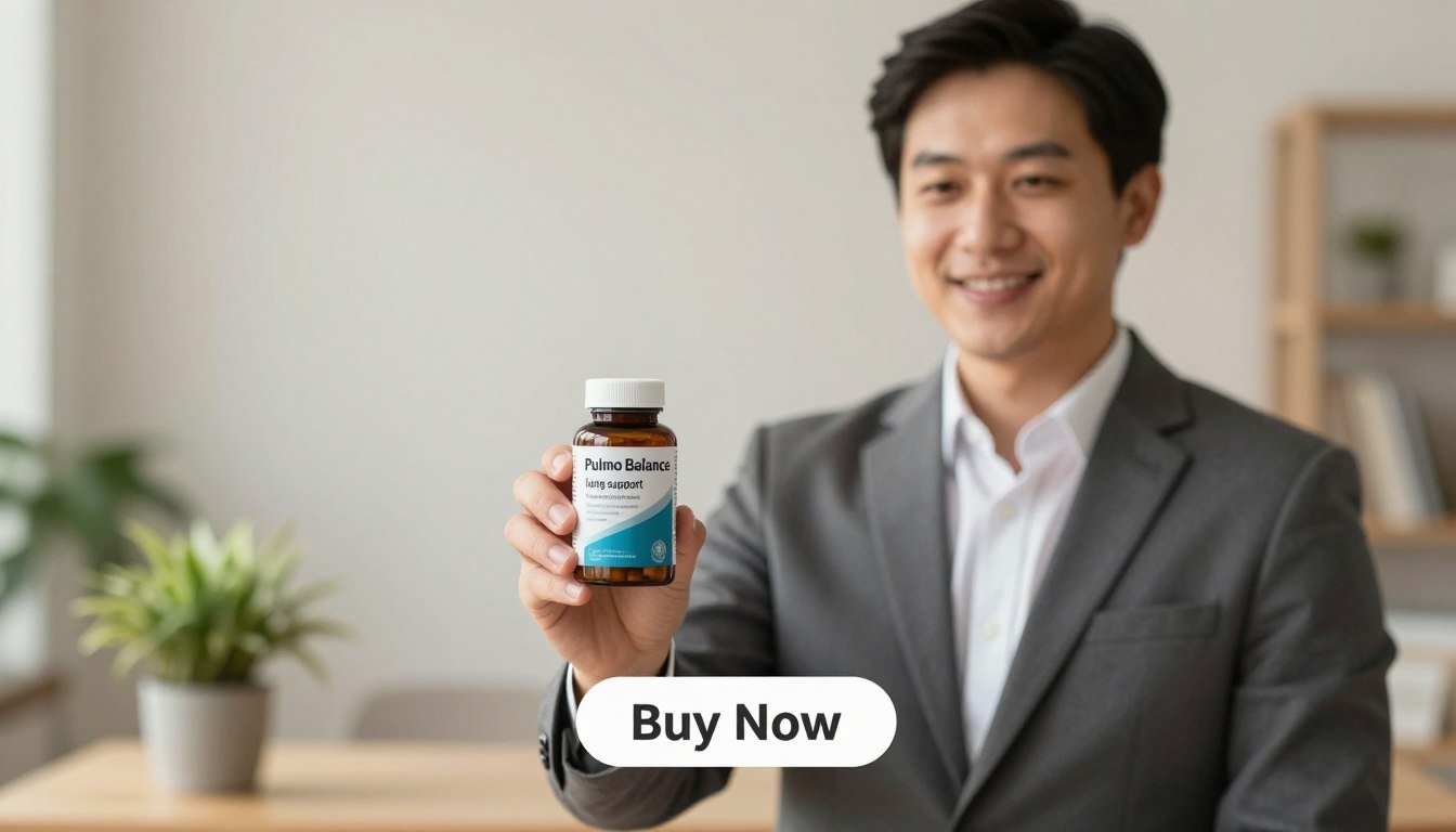 A serene, well-lit setting featuring a professional man in business attire, standing confidently while holding a bottle of "Pulmo Balance lung support" supplement. The foreground should highlight the man, showcasing the product clearly, while a gentle smile conveys trust and well-being. In the middle ground, include subtle elements that evoke healthy living, such as a small potted plant symbolizing vitality. The background should be softly blurred, incorporating neutral colors for a calming effect. Optimize lighting to create an inviting atmosphere, with a warm glow highlighting the product and the man's expression. Below the product, incorporate a stylized "Buy Now" button, enhancing the visual appeal without any text or logos distracting from the main focus on the product and its benefits for respiratory health. A serene, well-lit setting featuring a professional man in business attire, standing confidently while holding a bottle of "Pulmo Balance lung support" supplement. The foreground should highlight the man, showcasing the product clearly, while a gentle smile conveys trust and well-being. In the middle ground, include subtle elements that evoke healthy living, such as a small potted plant symbolizing vitality. The background should be softly blurred, incorporating neutral colors for a calming effect. Optimize lighting to create an inviting atmosphere, with a warm glow highlighting the product and the man's expression. Below the product, incorporate a stylized "Buy Now" button, enhancing the visual appeal without any text or logos distracting from the main focus on the product and its benefits for respiratory health.
