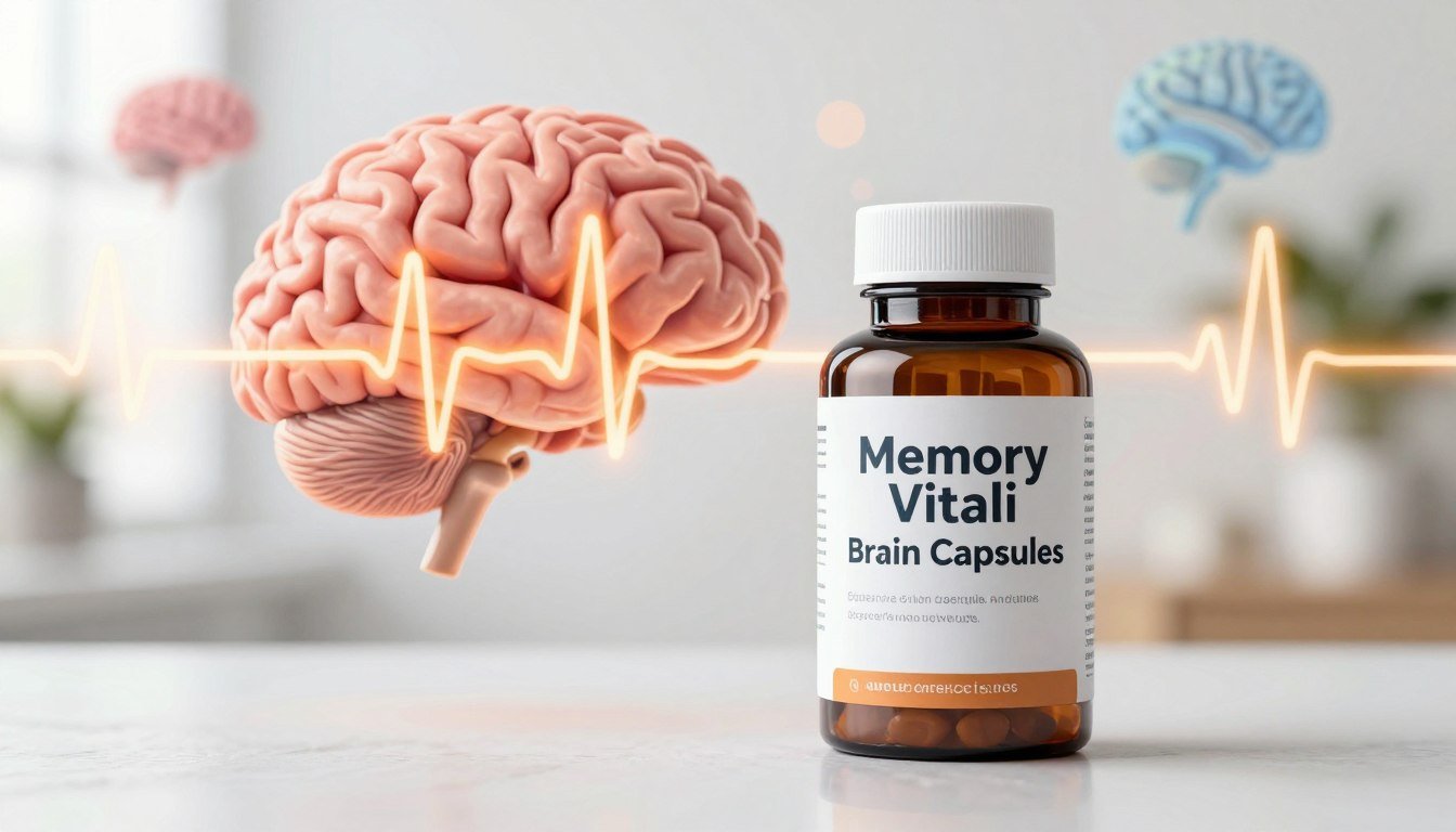 A sleek, modern capsule bottle labeled "Memory Vitali Brain Capsules" sits prominently in the foreground, reflecting a sense of clarity and focus. In the middle ground, vibrant illustrations depict neurons and brainwaves pulsating energetically, symbolizing enhanced memory and sharp concentration. The background showcases a clean, bright environment with soft, natural lighting, suggesting a fresh and invigorating mood. Subtle hints of abstract brain imagery intertwine with warm colors to evoke a sense of mental clarity and vitality. The overall composition conveys professionalism and trustworthiness, emphasizing the benefits of improved focus and reduced brain fog without any distracting details. No text or branding clutter, just a clear focus on the innovative essence of Memory Vitali.