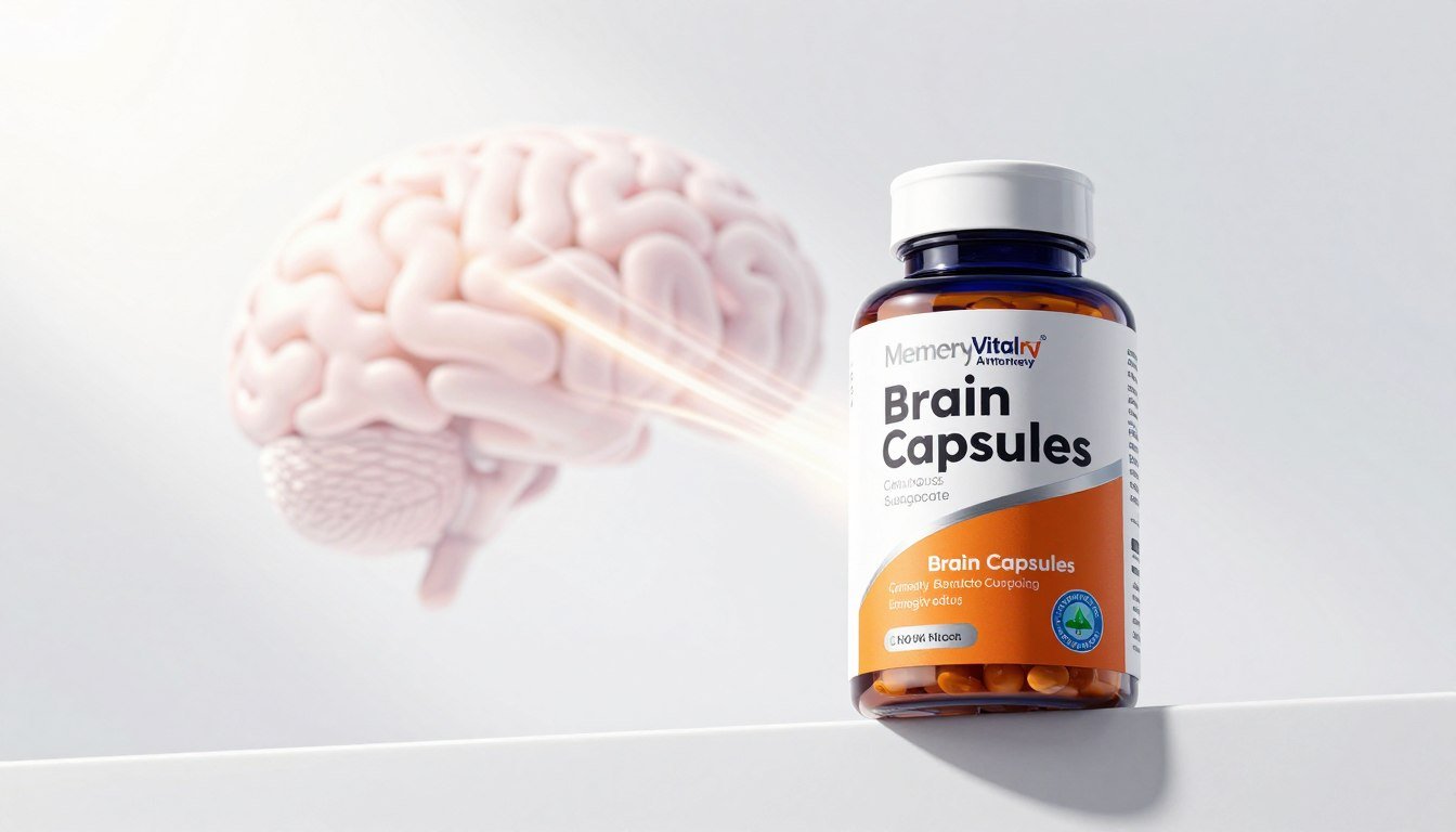 A sleek, modern product display featuring "Memory Vitali Brain Capsules" prominently in the foreground, with the capsule bottle upright against a bright, clean background. The bottle should reflect high-quality design, with vibrant colors enhancing its effectiveness and appeal. In the middle ground, include abstract elements like soft, flowing shapes or light trails symbolizing mental clarity and focus. The lighting should be bright and inviting, casting soft shadows for depth, creating a fresh and inspiring atmosphere. The composition should be shot from a slightly low angle to emphasize the product, ensuring it feels dynamic and engaging. No text overlays or additional elements are present, concentrating solely on the product's visual allure.