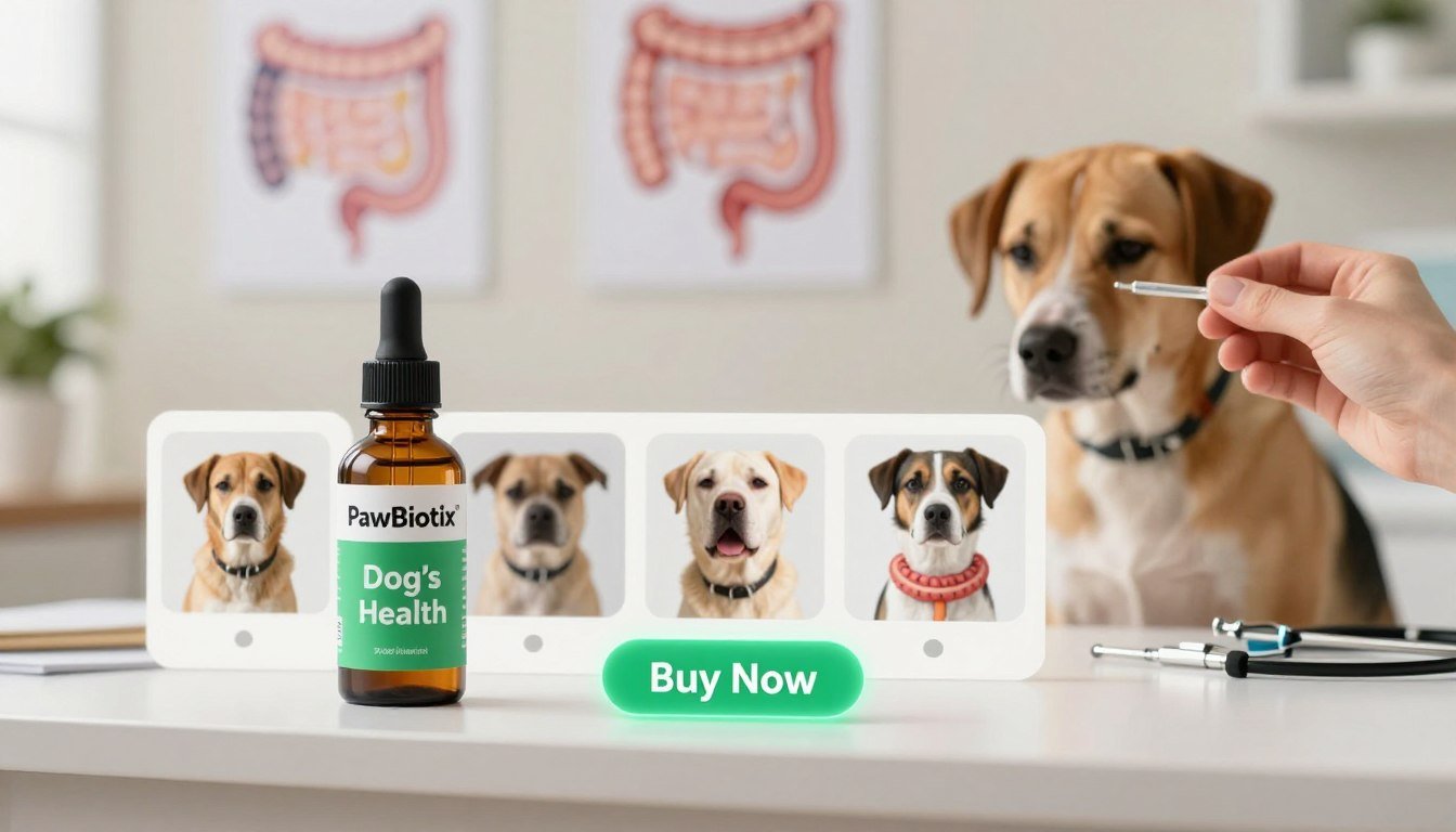 A veterinarians' workspace showcasing signs of unbalanced canine gut health. In the foreground, a hand holds a green Pawbiotix dropper bottle labeled "Dog’s Health". A series of visual cues depict symptoms: a worried dog with a dull coat, digestive issues represented by a soft-focus image of a dog refusing food. In the middle ground, a clean and organized veterinary desk is visible, with a glowing "Buy Now" button and a price tag subtly placed. The background shows soft-focus pet health charts highlighting gut health, creating an informative atmosphere. Use warm, natural lighting to evoke a sense of urgency and care, with a depth of field that focuses on the bottle and the dog, blurring the background for emphasis. A veterinarians' workspace showcasing signs of unbalanced canine gut health. In the foreground, a hand holds a green Pawbiotix dropper bottle labeled "Dog’s Health". A series of visual cues depict symptoms: a worried dog with a dull coat, digestive issues represented by a soft-focus image of a dog refusing food. In the middle ground, a clean and organized veterinary desk is visible, with a glowing "Buy Now" button and a price tag subtly placed. The background shows soft-focus pet health charts highlighting gut health, creating an informative atmosphere. Use warm, natural lighting to evoke a sense of urgency and care, with a depth of field that focuses on the bottle and the dog, blurring the background for emphasis.