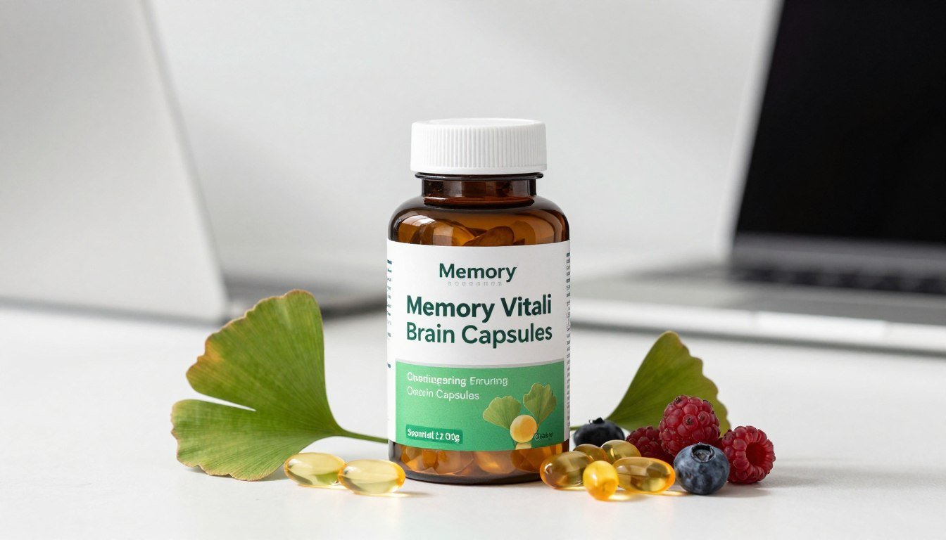 A visually striking, clean product advertisement featuring a sleek bottle of "Memory Vitali Brain Capsules" prominently displayed in the foreground. The bottle should be surrounded by fresh, natural ingredients like ginkgo biloba leaves, omega-3-rich nuts, and vibrant berries, subtly arranged to highlight the formula's components. The middle ground should include a softly blurred hint of a modern workspace, suggesting productivity and clarity of thought. A bright, airy background enhances the freshness of the scene, with soft, diffused lighting casting gentle shadows that evoke a sense of serenity and focus. The overall mood should be uplifting and invigorating, conveying the essence of enhanced memory and cognitive performance. No text or watermarks should appear in the image.
