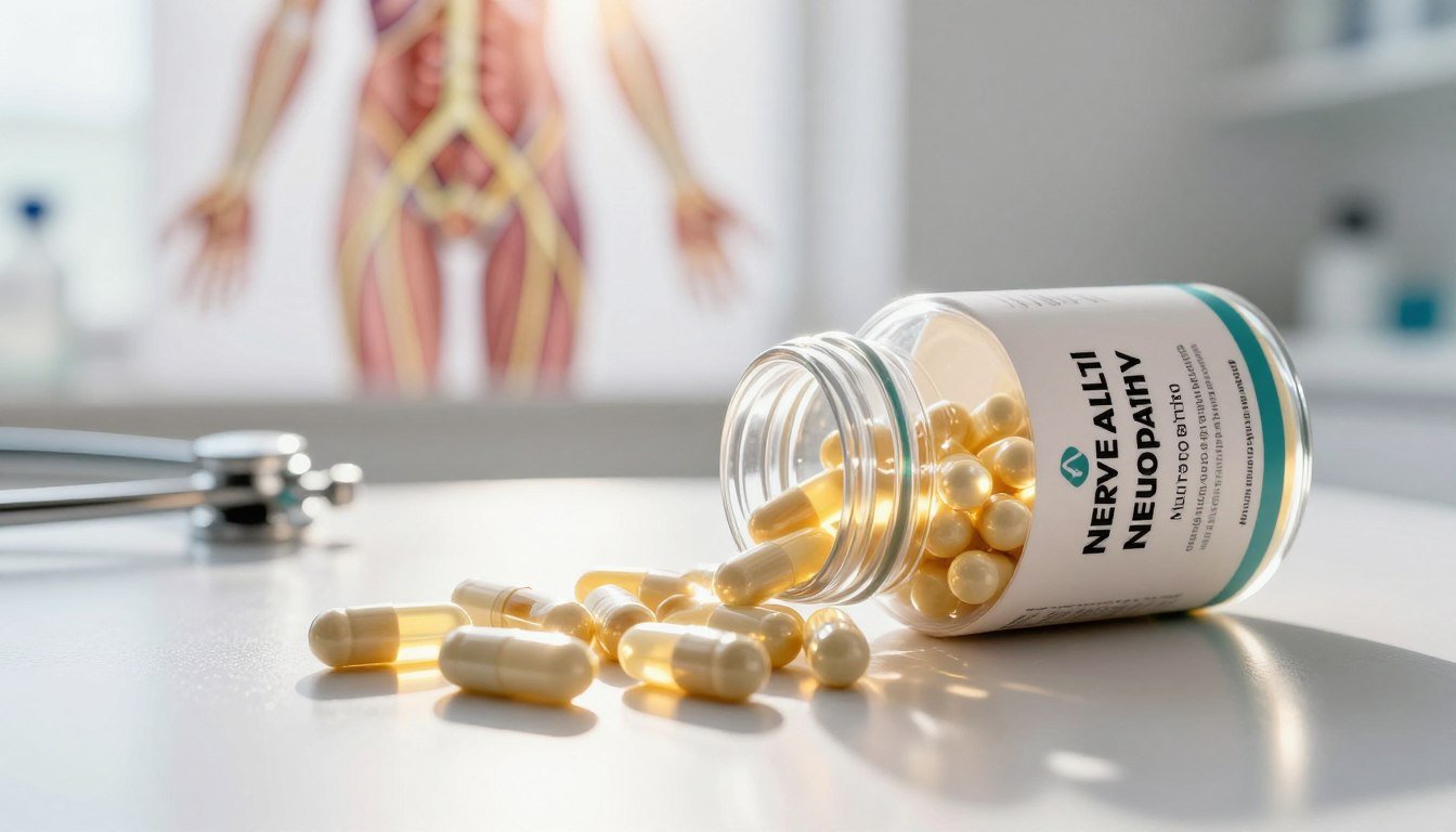 A visually striking image featuring the Nerve Health Neuropathy brand, showcasing nerve health capsules spilling from an elegant, transparent bottle. The capsules are vibrant with glowing nerve energy, symbolizing vitality and health. In the foreground, the capsules scatter across a polished, medical-style countertop, reflecting a sense of purity and trust. The middle ground presents a soft-focus background with anatomical illustrations of nerves, enhancing the medical theme. Bright, natural lighting illuminates the scene, creating a clean and professional atmosphere, while a slight lens flare adds warmth and energy. The overall mood conveys wellness, confidence, and vitality, aimed at attracting potential customers exploring NerveVitali reviews. No captions or text overlays are included, ensuring a clear focus on the product.