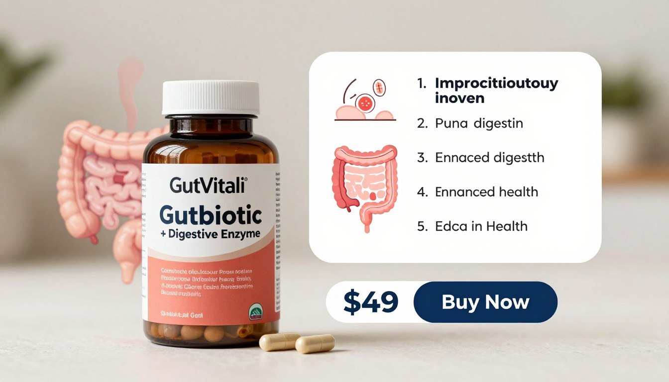 A visually striking representation of "GutVitali" packaging and pricing details. In the foreground, focus on a sleek, modern bottle of "GutVitali Probiotic + Digestive Enzyme" capsules, prominently displaying its label and ingredients. Position the bottle on a clean, minimalist surface, with a gentle angle to highlight its features. Surround the bottle with artistic illustrations of gut health, such as intestines and digestive enzymes, conveying a theme of wellness. In the middle ground, add an illustration of a benefits overlay showcasing key advantages like improved digestion and enhanced gut health. Set the scene against a softly lit, blurred background to create an inviting atmosphere. Incorporate a stylized "Buy Now" button with a bold “$49” price tag, ensuring clarity without any text distractions or overlays. A visually striking representation of "GutVitali" packaging and pricing details. In the foreground, focus on a sleek, modern bottle of "GutVitali Probiotic + Digestive Enzyme" capsules, prominently displaying its label and ingredients. Position the bottle on a clean, minimalist surface, with a gentle angle to highlight its features. Surround the bottle with artistic illustrations of gut health, such as intestines and digestive enzymes, conveying a theme of wellness. In the middle ground, add an illustration of a benefits overlay showcasing key advantages like improved digestion and enhanced gut health. Set the scene against a softly lit, blurred background to create an inviting atmosphere. Incorporate a stylized "Buy Now" button with a bold “$49” price tag, ensuring clarity without any text distractions or overlays.