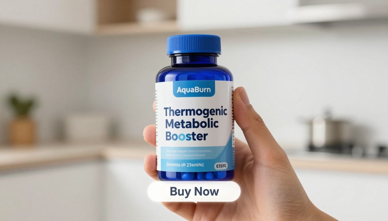 A well-lit, close-up view of a hand holding a sleek AquaBurn 2325MG Capsules bottle, showcasing its vibrant blue and white design prominently. The bottle should be the central focus in the foreground, with soft bokeh of a light, modern kitchen in the background, hinting at wellness and lifestyle. A glowing "Buy Now" button overlays the image subtly, alongside a price tag positioned tastefully near the bottle to emphasize purchasing intent. The lighting should be bright and inviting, enhancing the freshness and energy associated with the thermogenic metabolic booster. The overall atmosphere should convey health, vitality, and motivation, reflecting the product's energy-boosting properties. Include the brand name "Thermogenic Metabolic Booster" on the bottle label in an attractive, modern font.